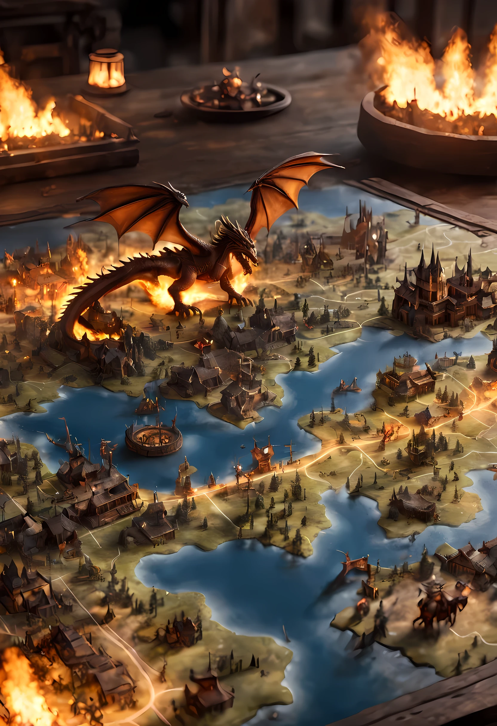 open map table, 3D rendering of dragons miniatures breathing fire and knights miniatures on horses fighting on a large scale grid map of fantasy world, cinematic lighting, soft light, silhouette, photorealism, panoramic view (Masterpiece 1.5, intense details) , Wide-Angle, Ultra-Wide Angle, 16k, highres, best quality, high details