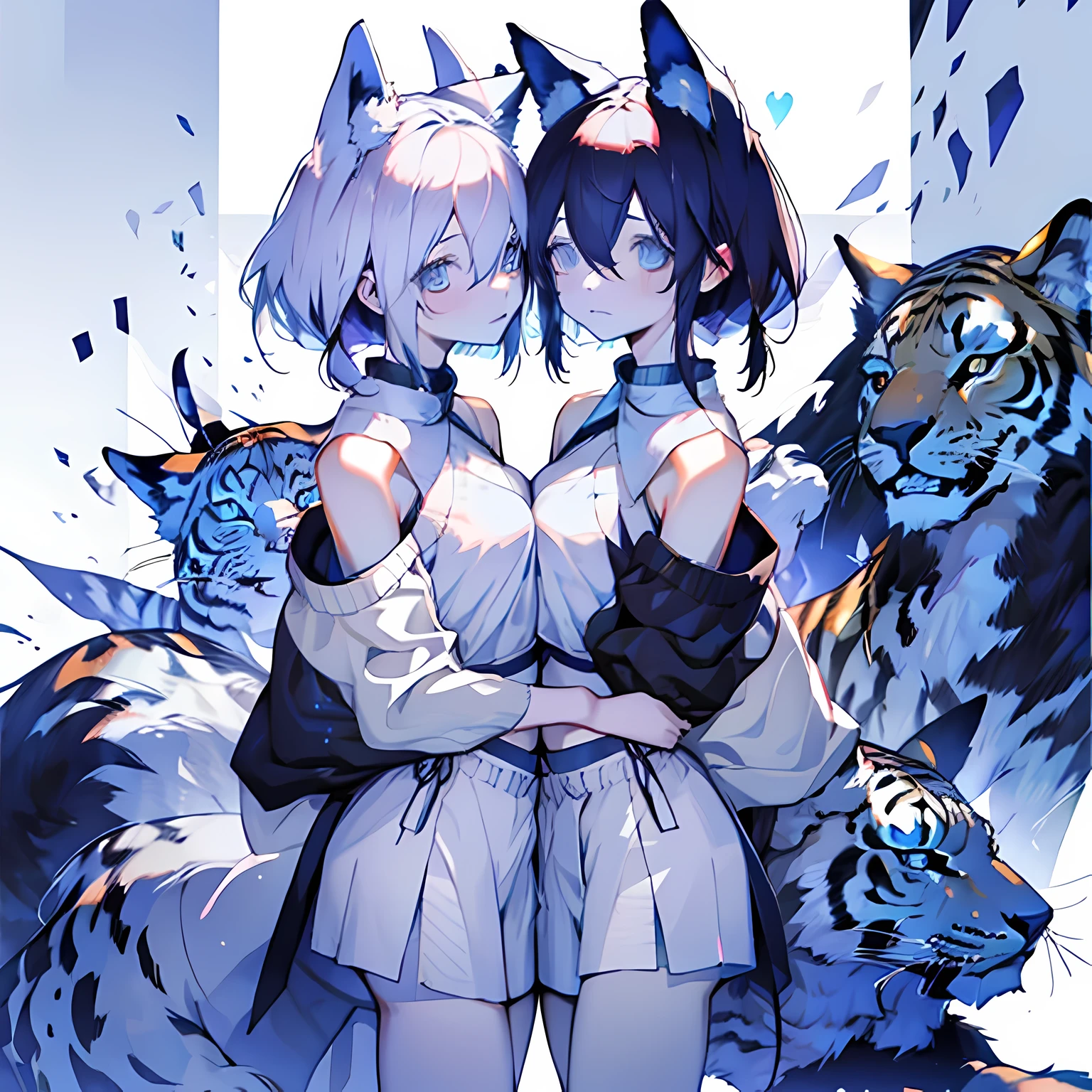1 girl, blue eyes, big breasts, navel, animal ears, hair between eyes, bare shoulders,thigh,Off the shoulders, Stomach, Features: Shirakami Fubuki,bobbed long hair,Bando,flat_boobgasm,getting old,spot color,corrosive,Broken hearts,empty eyes,symmetrical docking