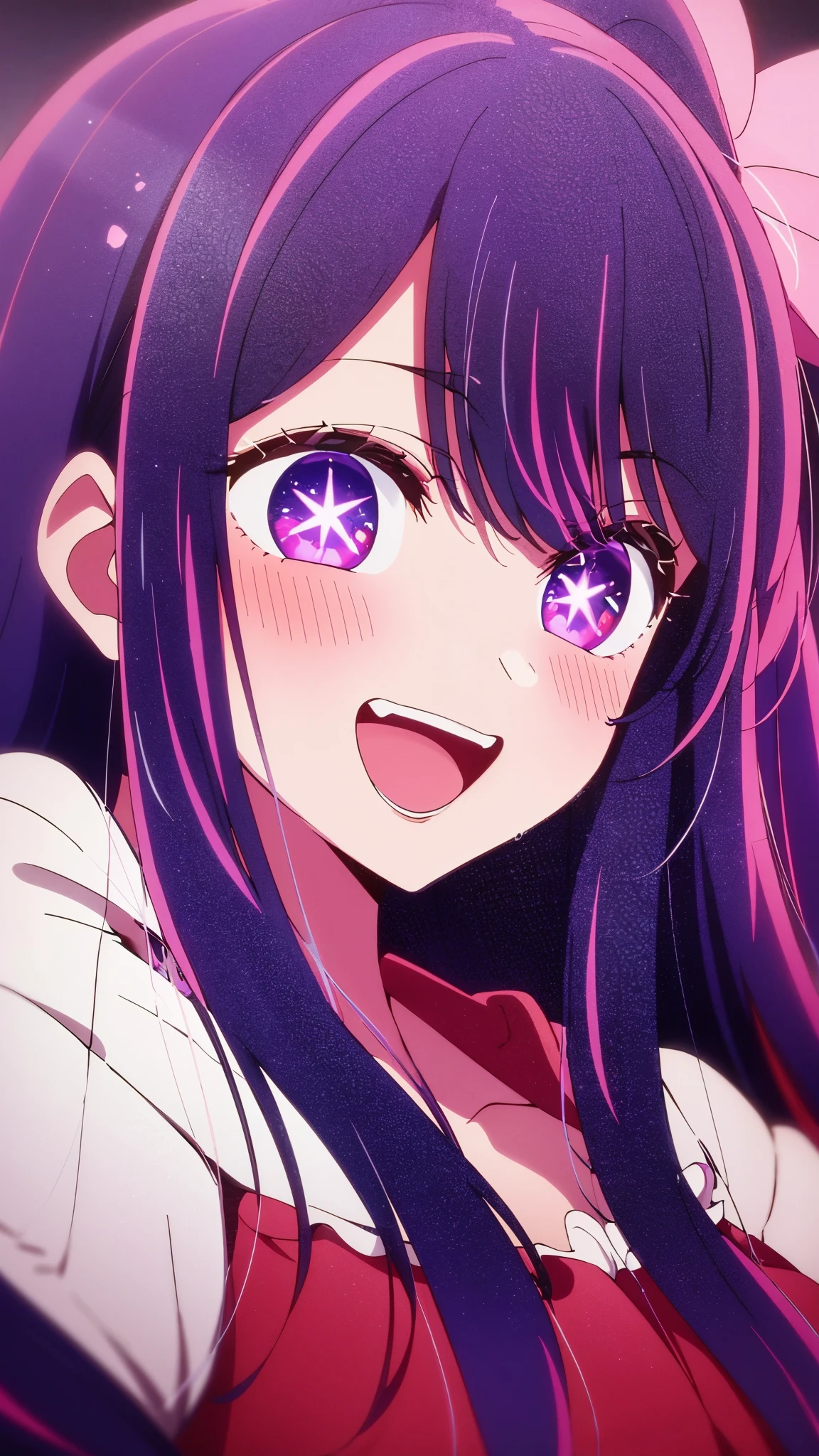 masterpiece、very detailed、(1 girl:1.2)、purple hair、pink dress、Big eyes、Close-up、laughter、8K 、Ai Hoshino、Live venue