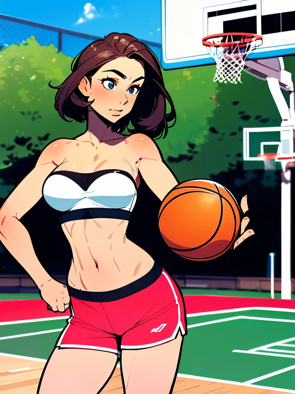 1girl, (topless:1.3), hotpants, dynamic basketball pose, (Thick body:1.2), large breasts,