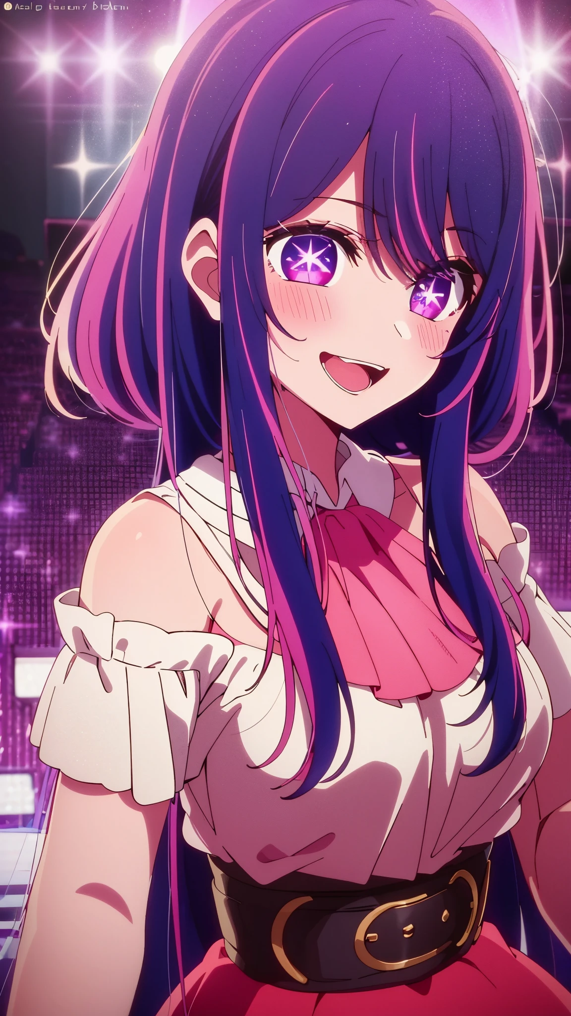 masterpiece、very detailed、(1 girl:1.2)、purple hair、pink dress、Big eyes、Close-up、laughter、8K 、Ai Hoshino、Live venue