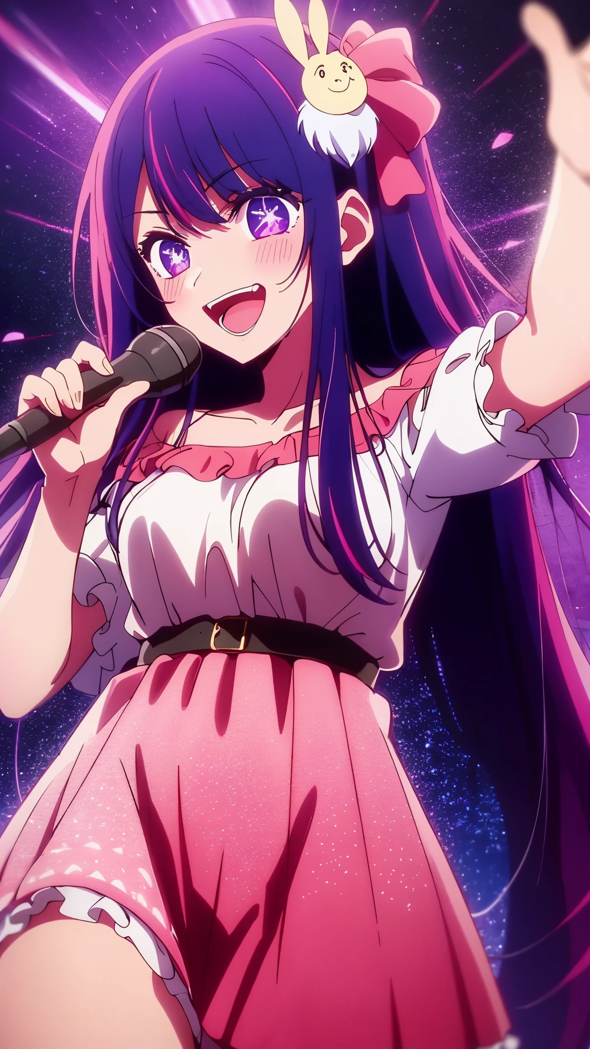 masterpiece、very detailed、(1 girl:1.2)、purple hair、pink dress、Big eyes、Close-up、laughter、8K 、Ai Hoshino、Live venue