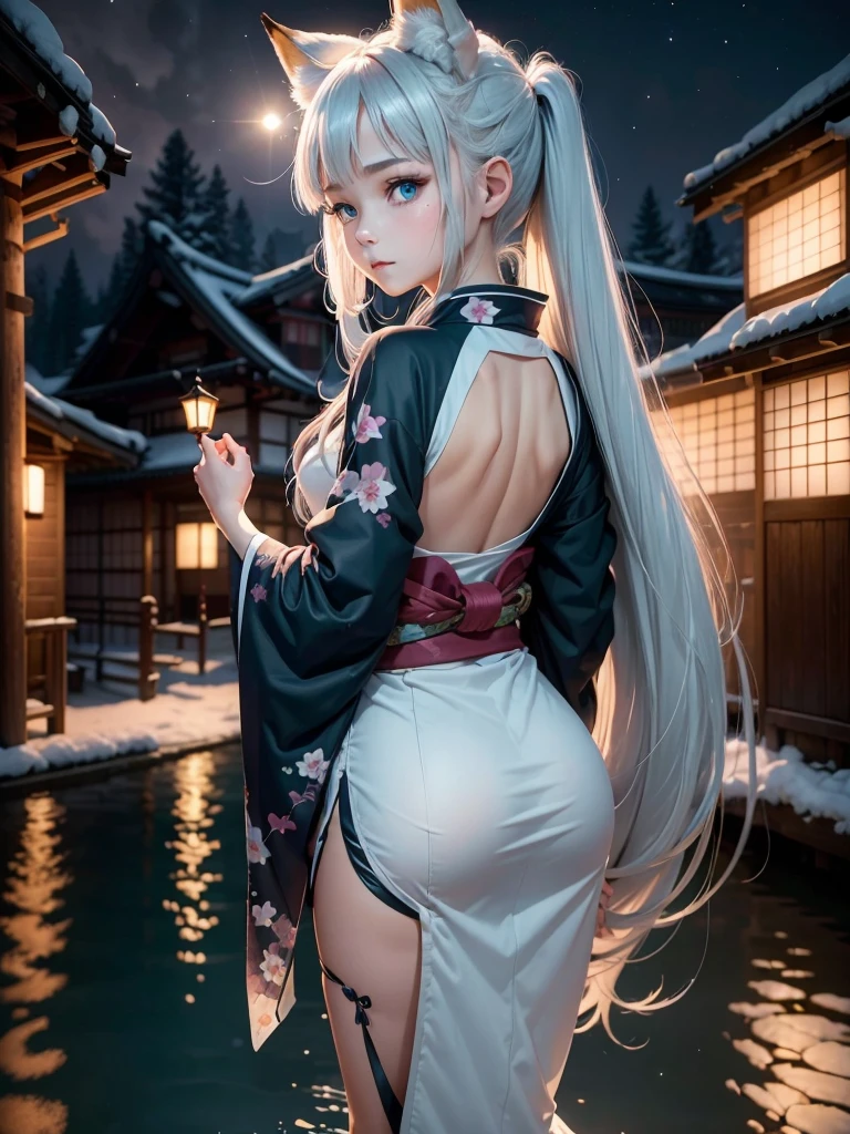 (High Detail CG Unity 16k wallpaper:1.1), (Noise reduction strength:1.45), (masterpiece:1.37), original, (andても上品で美しい), (perfect details), (Unity CG8K Wallpaper:1.05), (beautiful clear background:1.25), (one pretty girl (2 fox ears:0.9) and (fox tail on the back:1.2) Stand by the river:1.15). (Cute type:1.3), (narrow clean eyes:1.lettie face:1.3), silver hair, silver ears, (pink hair:0.7), (Pink ears:0.7), long hair, (japanese kimono:1.25), (windblown hair:1.1), (blue eyes:1.1), ( girl:1. 1) butterfly flapping its wings, (moonlight:0.6), wood, snow dance, (Winter orientation), (night:1.2), (gloves:0.8), alone, (figure), (Depth of bounds written:0.7), (close :0.35), god's rays, sparks, shining light, (must-have)