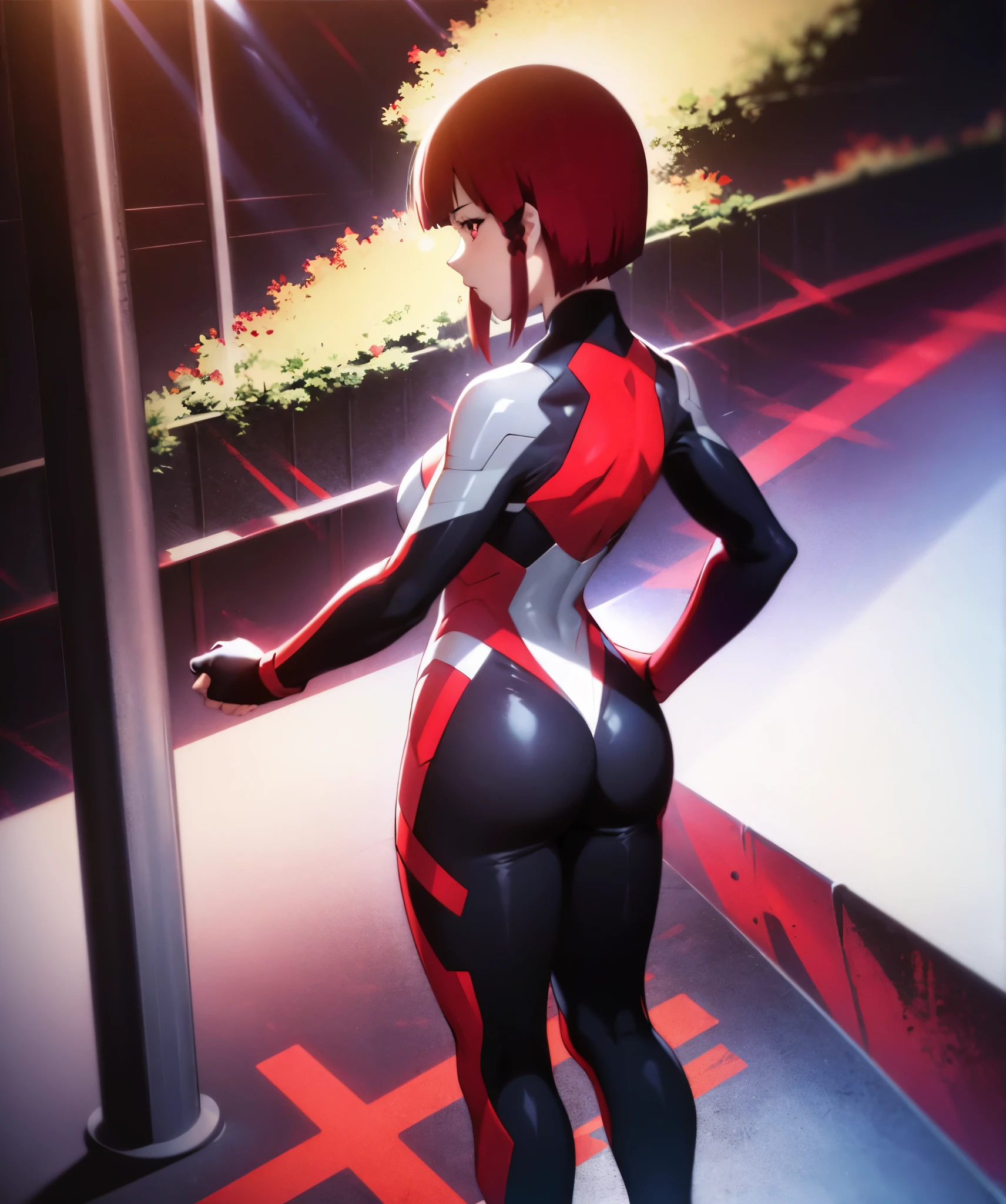 one person,red haired woman,bright red hair,short bob,Braided hair,red eyes, (Ultra Girl :1.0), silver and red ultraman bodysuit,big breasts,Put your hands on your hips,fist,Turn your back to your audience,back view,butt