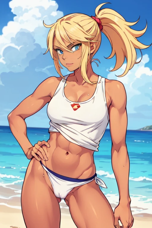 flat colors, cowboy shot, illustrated image of an athletic woman, fit body, posing on the beach on a sunny day, tan skin, hand on hip, blonde hair in a high ponytail, wearing ( tanktop), loose tank top, medium breastscleavage , bottomless, no panties, pussy, (pubic hair), flirty, playful, perfect eyes, striking, side boob, fun, highly detailed face, perfect eyes, perfect hands