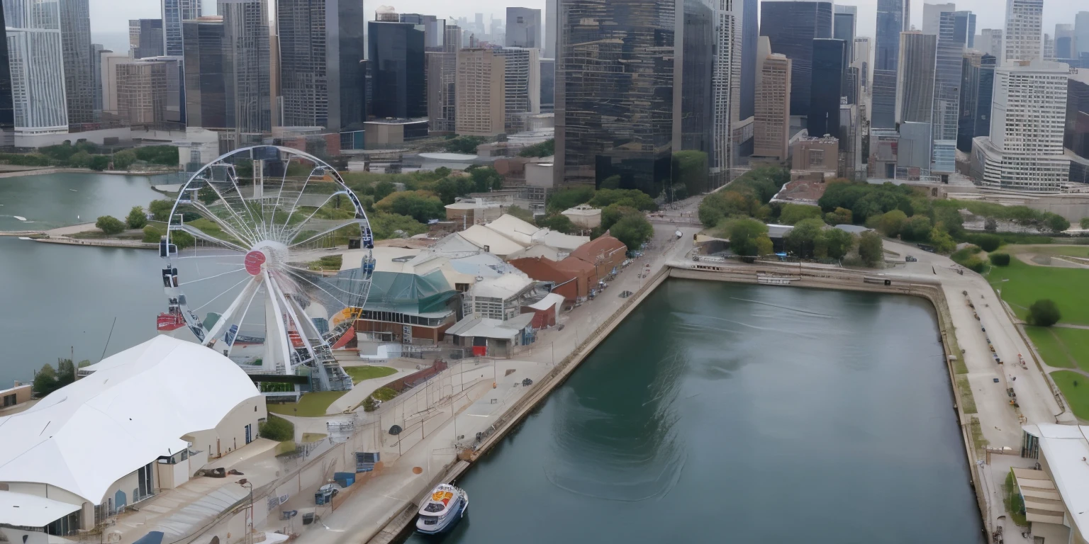 arafed view of a ferris wheel and a city skyline, aerial view cinestill 800t 18mm, shot from 5 0 feet distance, seen from above, 4 0 9 6, skyline showing, viewed from bird's-eye, hd aerial photography, helicopter footage over city, shot from above, 4k drone photography, chicago skyline