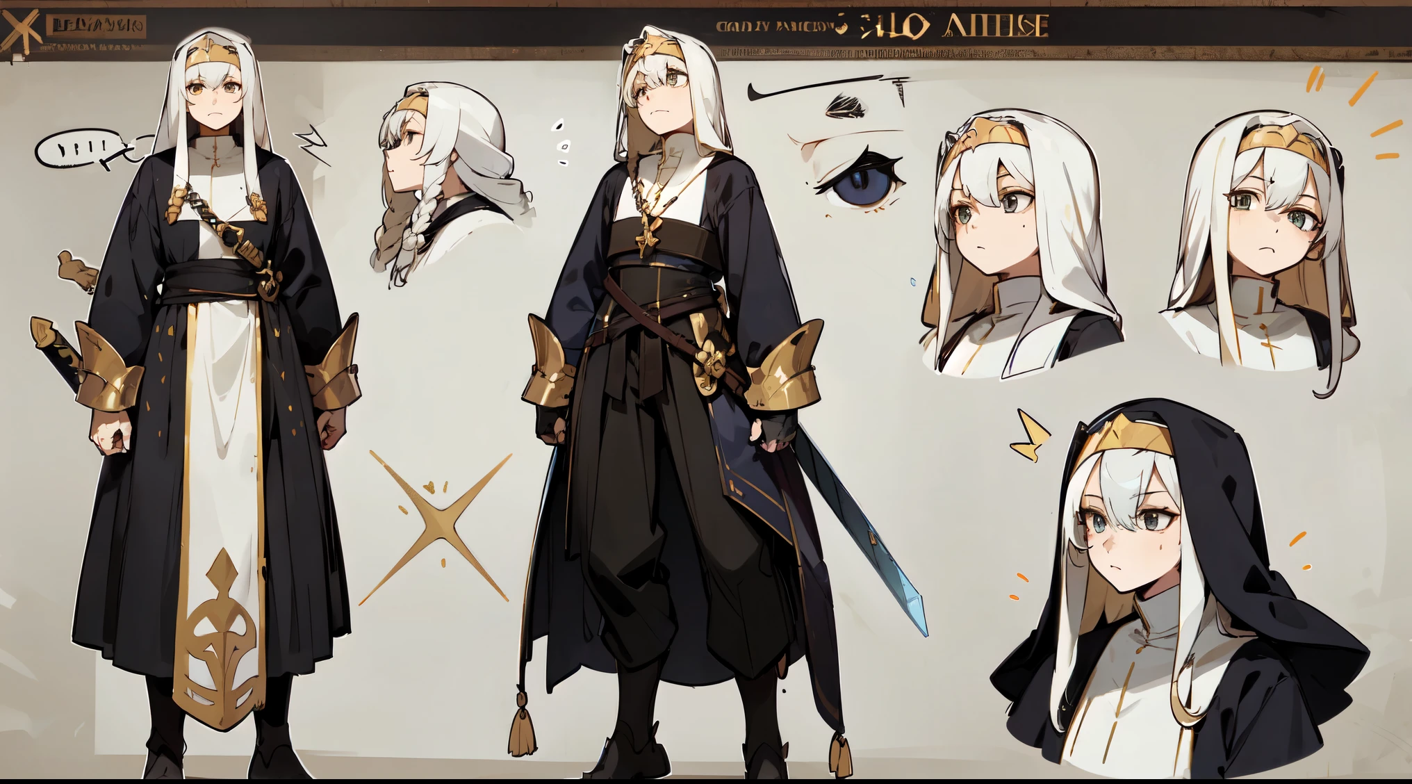 pious pope，sacrifice，Sacred costumes，nun，cross, Golden, (masterpiece), best quality,golden armor，Slim armor shape，holding a longsword， expressive eyes,    is a perfect face, (character table:1),role conception，Conceptual role，（The whole body is from head to toe）, long white hair, Braided hair