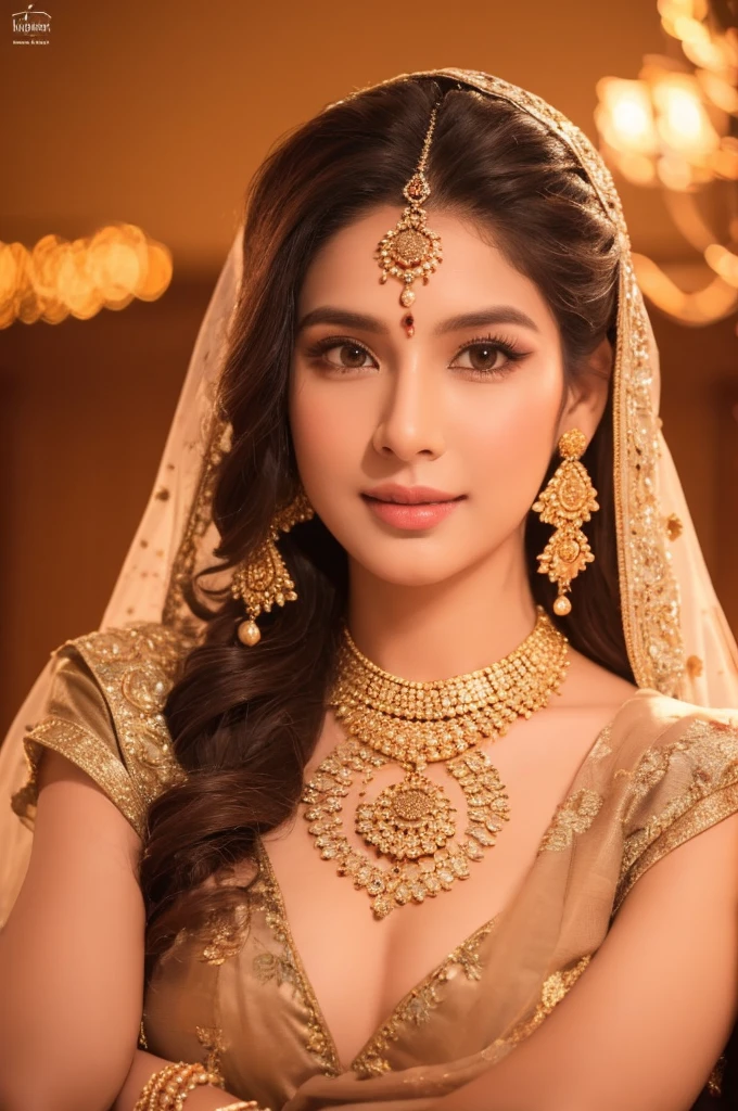 (masterpiece: 1.2), (best quality: 1.2), (extremely detailed: 1.2), (extremely detailed face), (ultra detailed), 8k, girl 25 years old, makeup, Indian bride in bright traditional clothes, headscarf - tika, traditional gold jewelry, hands painted with henna - mehendi, jewelry on the head and neck, bracelets and rings on the hands, a modest look at the camera, banquet hall, bright lighting