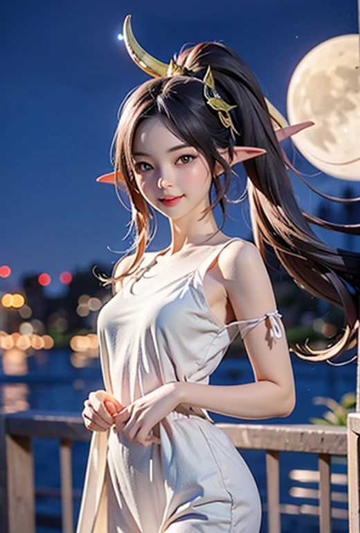 resolution、High level image quality、8K、real live action、Raw photo、highest quality、masterpiece、16 year old succubus girl、unparalleled beauty、devil's black horns on head、young face、(((beautiful girl)))、long pointed ears、wear bat wings、Fangs from the mouth、moon、Night view of the cityscape、Princess、