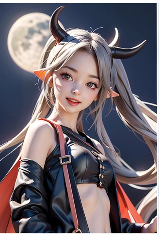 resolution、High level image quality、8K、real live action、Raw photo、highest quality、masterpiece、 succubus girl、unparalleled beauty、devil&#39;s black horns on head、young face、(((beautiful girl)))、long pointed ears、wear bat wings、Fangs from the mouth、moon、Night view of the cityscape、Princess、