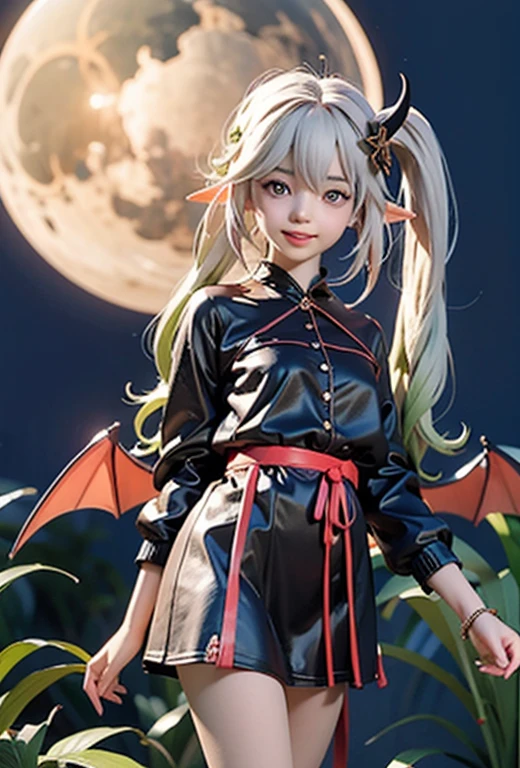 resolution、High level image quality、8K、real live action、Raw photo、highest quality、masterpiece、16 year old succubus girl、unparalleled beauty、devil's black horns on head、young face、(((beautiful girl)))、long pointed ears、wear bat wings、Fangs from the mouth、moon、Night view of the cityscape、Princess、