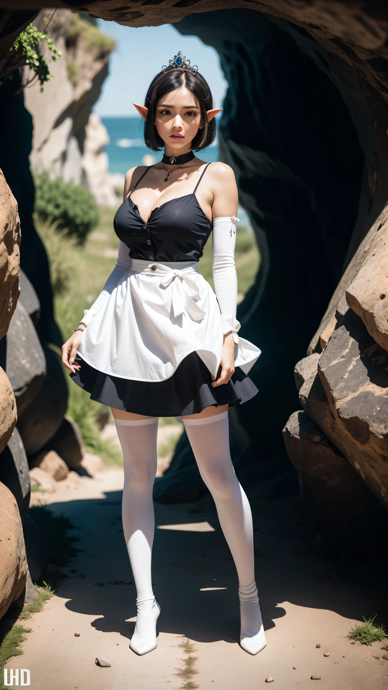 Full body, Princess Zelda as a humanoid possum, big breasts, in a black maid's outfit with white skirt and white pantyhose with clip on the skirt, she has short black hair and blue eyes, she is inside a cave, 16k, highres, best quality, award-winning, high details, anatomically correct, masterpiece, UHD, ccurate, retina