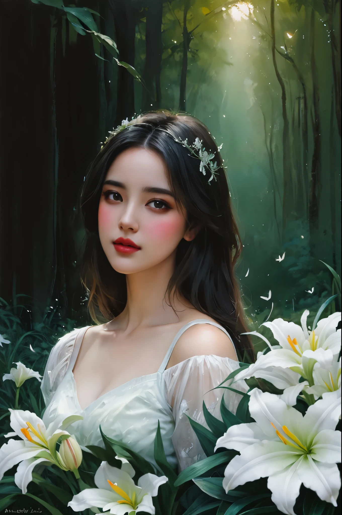 Still life digital painting of a model woman amidst beautiful white lilies, each petal detailed with filigree, surrounded by fireflies casting dynamic lighting upon the scene, invoking a green spirit with subtle glitter effects, inspired by the fantasy styles of WLOP, Greg Rutkowski, Craola, with touches reminiscent of Gabriele Dell'Otto and Bob Peake, utilizes bright rich colors akin to watercolor yet with the depth of oil paints, all captured in an HDR effect