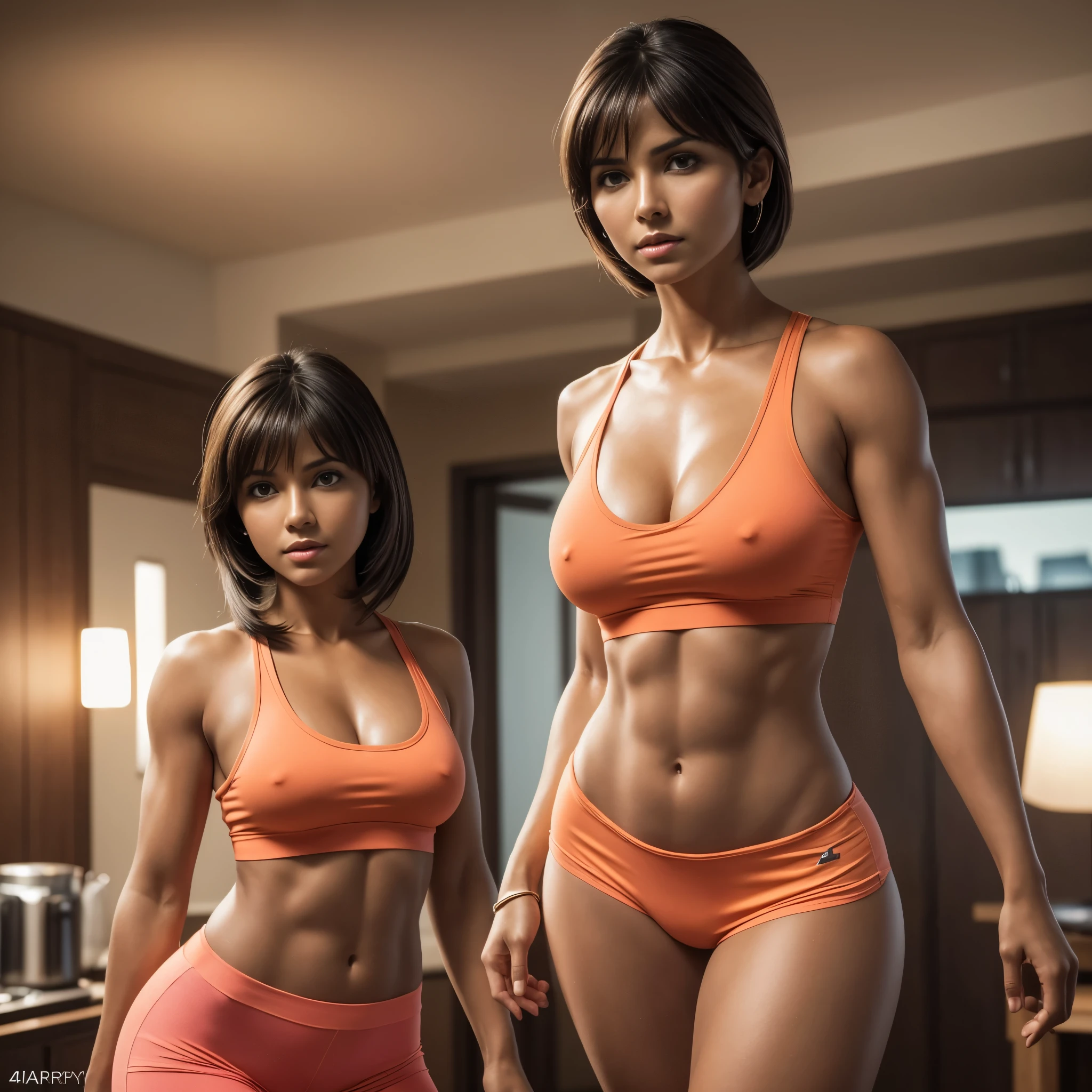 Isabela Merced as dora,orange tights, pink tanktop, confident, big breasts: 1.5, perfect anatomy, perfect symmetry: 1.2, realistic face: 1.2, perfect face, content, confident, very detailed and dramatic, Cinematic lighting, Lighting scene, soft lights, tanned skin,Professional whole body photo, (Photo 4k:1.1) by (Arny Freytag), (sharp focus:1.3), high detail