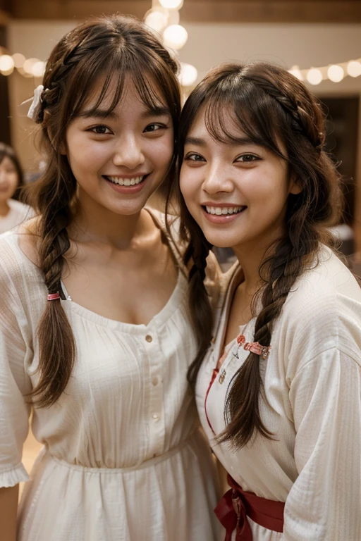 (happy, smiling: 1.1) Woman (Korean with loose hair) and her friend (exuberant, Arab, expressive eyes, hair braided with ribbon, side bangs) laughing together, hair loose, full body close-up (best quality, high resolution: 1.2), ultra-detailed, (realistic: 1.37), vibrant cores, lighting (soft, warm), style (portrait, fashion, photography).
