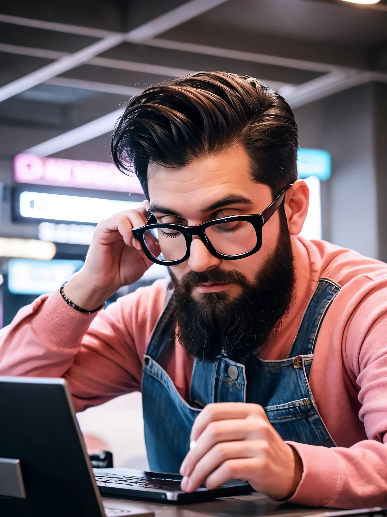 ” Create a 3D illustration featuring a realistic 28-year-old beautiful Beard boy busy Developing software in front of a 3D logo of “Instagram” The boy wearing Pink Denim jacket , with glasses , Undercut hair style, The background of the image should showcase a social media profile page and the username “SR Editing Zone” and a matching profile picture and modify it according to your perspective. “