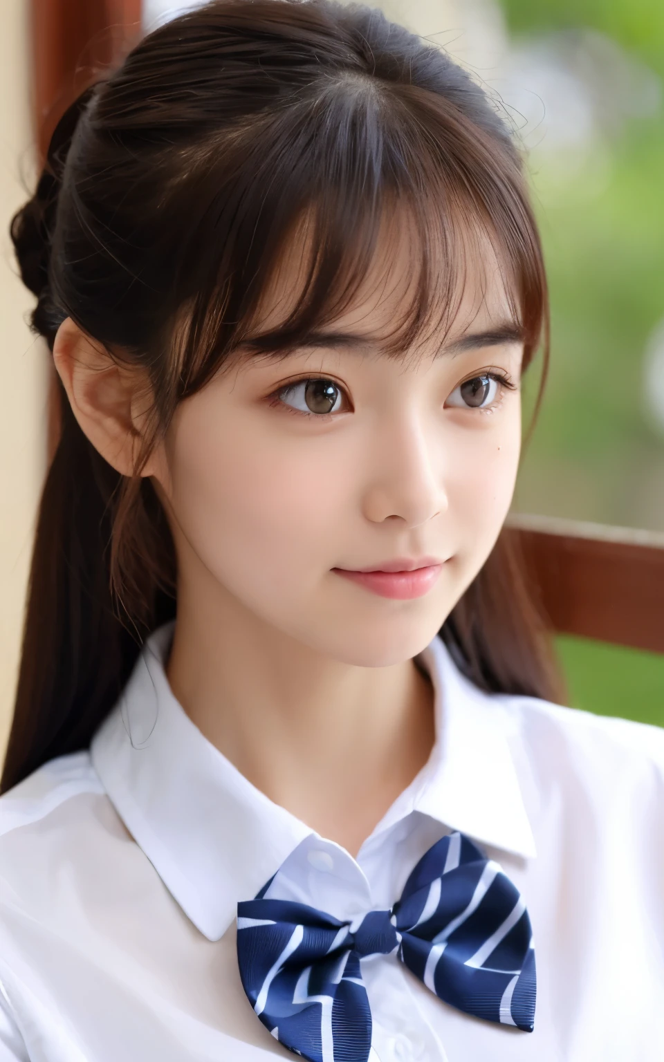 ((of the highest quality, 8K, masutepiece: 1.3)), Beauty, 1 Japan Girl, (round face, lower height), portrait, dark brown hair, long hair, (half updo), , Detailed face, very detailed lips, Detailed eyes, Double eyelids, Sweaty skin: 1.2, :o, head tilt, (school uniform, collared shirt, bowtie), in the bed room,