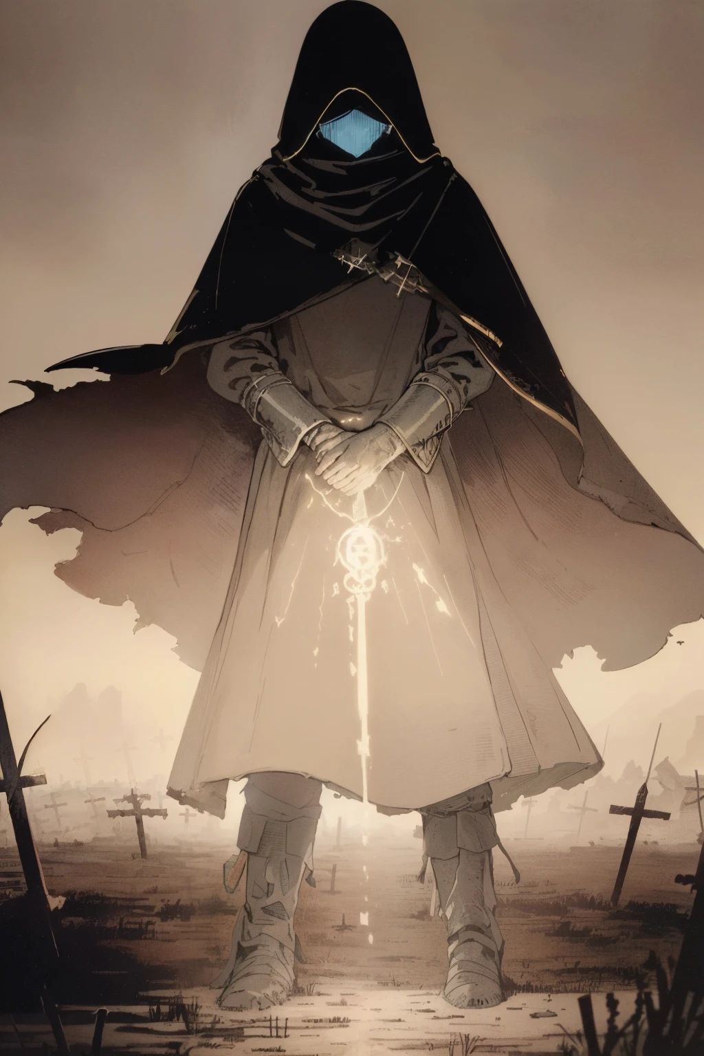 (a ghost of a soldier),dark and mysterious,haunting eyes,flowing transparent uniform,old and worn-out boots,abandoned battlefield,dense fog,sorrowful expression,dismal atmosphere,sepia tone,vintage photo style,low-key lighting,subtle details,haunting presence,ethereal and otherworldly,quiet and solemn,war-torn scenery,cloak and helmet,spiritual connection,haunted memories,captured in time,remembrance,silent guardian,history's echo,lost souls,forever wandering,battle scars,ethereal whispers,somber reflection,lonesome figure,unseen battles,warrior's spirit,lamentation,shadows of the past,visage of valor,eternal vigilance,transcendent presence,past and present merged,flickering candlelight,melancholic aura,memorialized sacrifice,heavy atmosphere,memories enshrined,forgotten heroes,undead legacy,spiritual embodiment,guardian of the fallen,echoes of the battlefield,whispers of the departed.