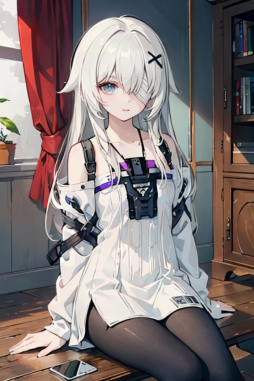 (best quality:1.3), (masterpiece:1.3), (illustration:1.3), (ultra-detailed:1.3), 1girl, solo, white hair, long hair, (((gray eyes, bandage over one eye,))) white dress, suspenders, bare shoulders, detached sleeves, sleeves past fingers, gradient leggings, black pantyhose, hair ornament, x hair ornament, indoors, sitting, close up,