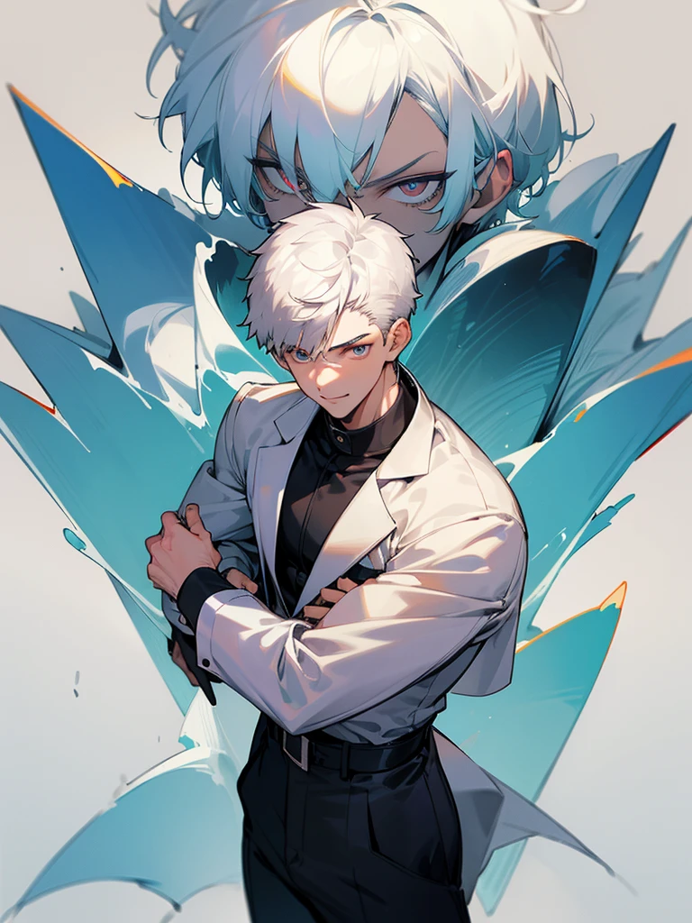 A man with short white hair in a two-block style, with odd eyes. Teenage, charming smile yet cold.
Tall, slightly muscular. Handsome and looks rich.