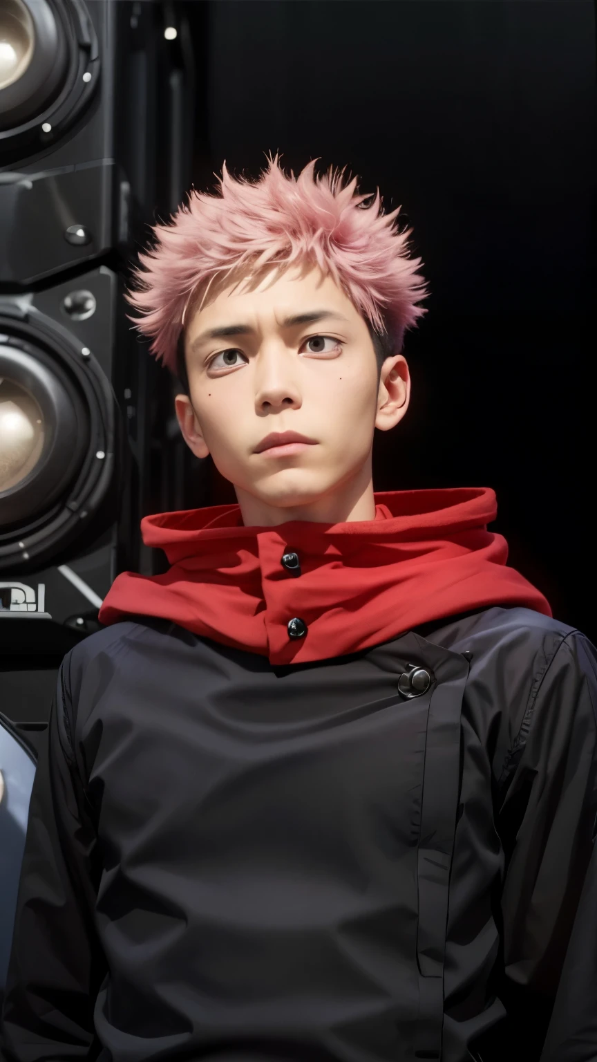 1 man, itadori yuji, short hair, pink hair, light brown eyesball, school uniform, black jacket, red hood, realistic, ultra detail, 70mm lens.