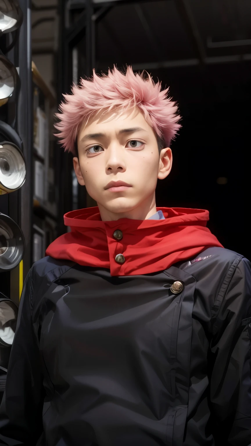 1 man, itadori yuji, short hair, pink hair, light brown eyesball, school uniform, black jacket, red hood, realistic, ultra detail, 70mm lens.