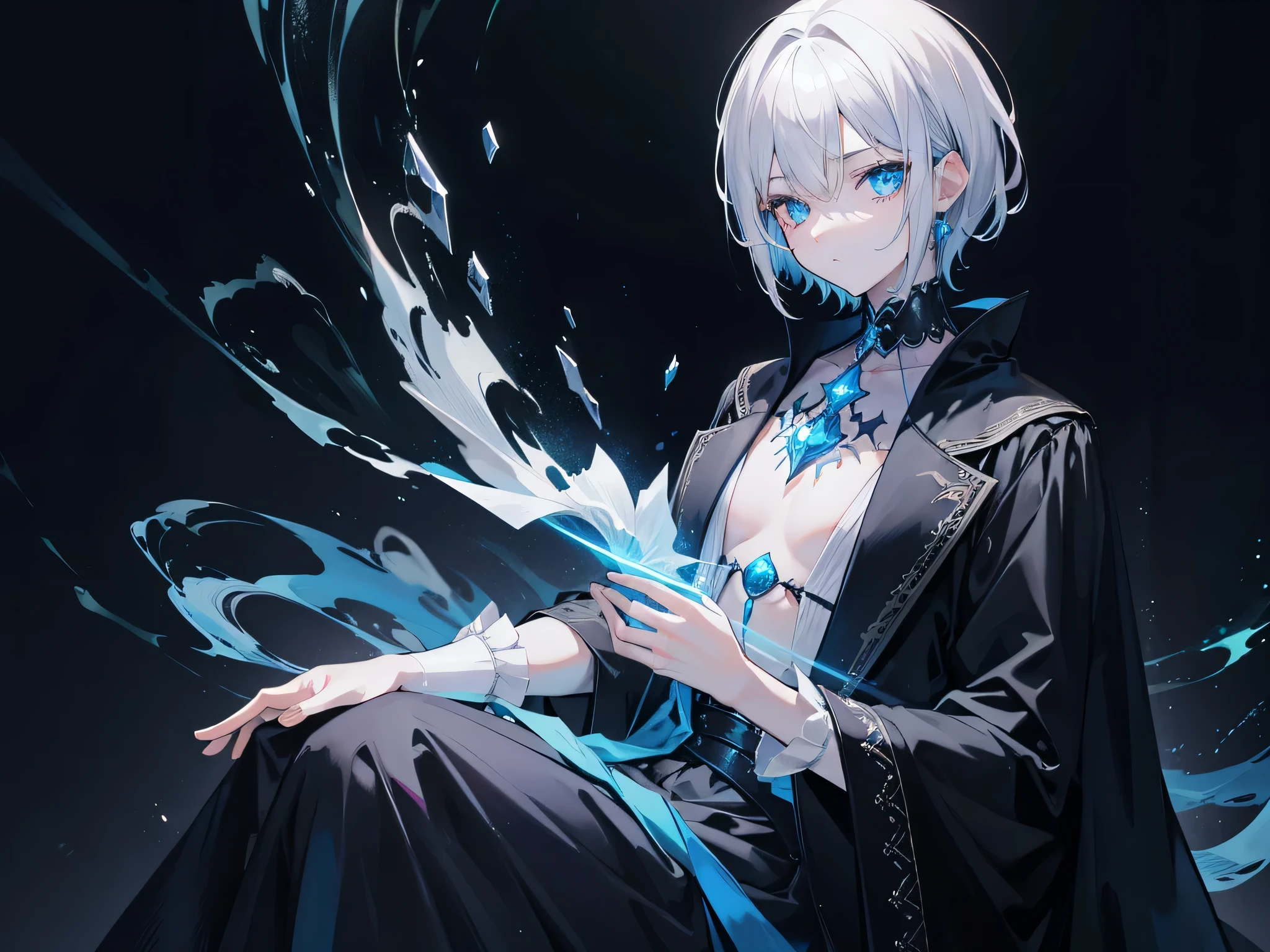 {[{{"Magnificent dark atmosphere, short hair, 4k artwork of man with gray hair and bright glowing blue eyes, sit down and create magic, Innocence remains."}]}}

