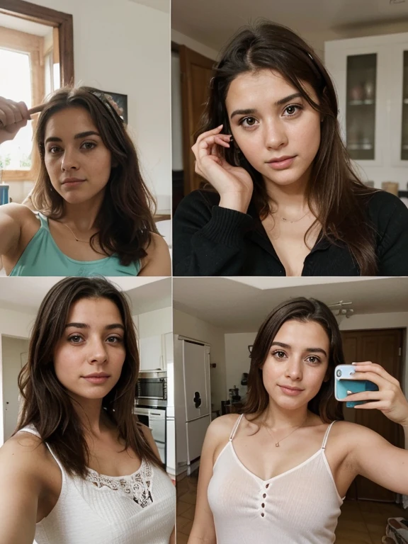 hazme unas fotos con la misma chica de las primera 4 fotos que me enviaste, pero a diferencia de las otras fotos estas seran selfies normales en casa