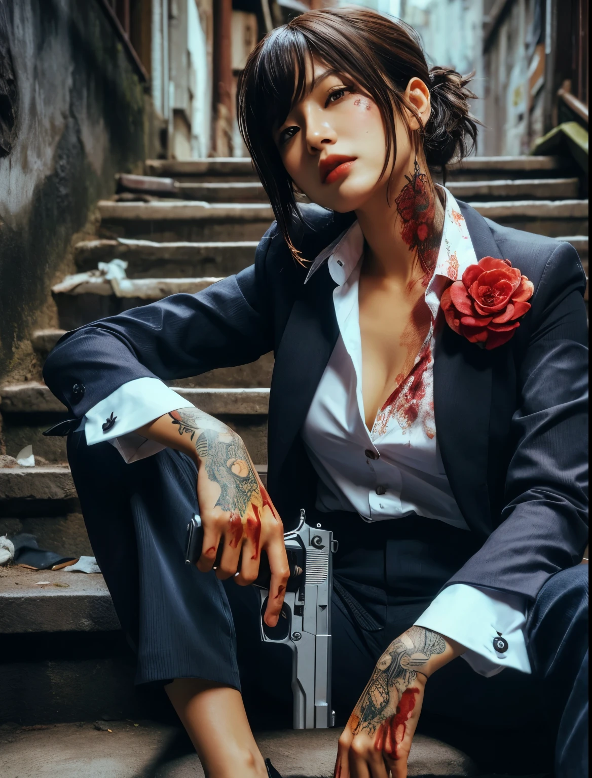 A gangster boss on the streets of Japan, A group of gang members stood behind,angry look,Mixed Korean,The background is blurred out,focal,电影灯光,(((tmasterpiece))), ((best qualtiy)), ((Complex and detailed)), ((ultra-realistic realism)), Ridiculous resolution, A MILF, Mature woman, ssee-through, highly detailed, illustratio, 1girll, (huge tit), Thin waist and thick hips,long leges,beatiful detailed eyes, short detailed hair, brunette color hair, a purple eye, (Gangster suit:1.2),Tattooed with,Large flower arms,Full of tattoos,Japanese yakuza,Kamami Yamaguchi,Japanese Yamaguchi-gumi,Japanese yakuza woman,The Underworld,full tattoo,Gangster boss,Lunette de soleil,a skirt,and there is blood on the corners of your mouth,Gang boss,bandage on hands,Bloody violence,Sexy and feminine,(No underwear),pantiess, detailed back ground, perfect eyes, Seductive eye, (nice hand),Detail hands,looking at viewert,From the front,Wear light,(Bloody gangsters),Suit thugs,