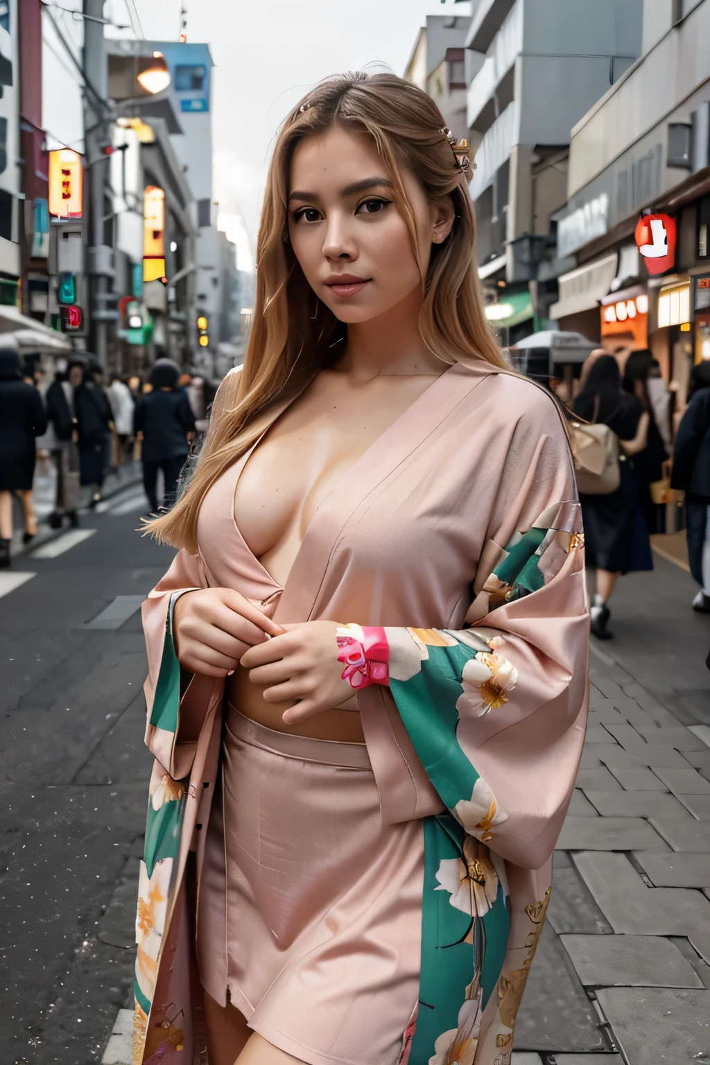 Foto cuerpo entero de una mujer rubia, 20 years old who has a very natural face., labios delgados, ojos delgados color verde, cejas finas, nariz fina, long eyelashes, nice nails and fingers. She's in Dubai, she's wearing a Kimono, red color with flowers, many details, 4K. Totally covered body with the Kimono. She's on the street, Tokyo, Japan. Ultra realista, ultradetallado, Best Definition
