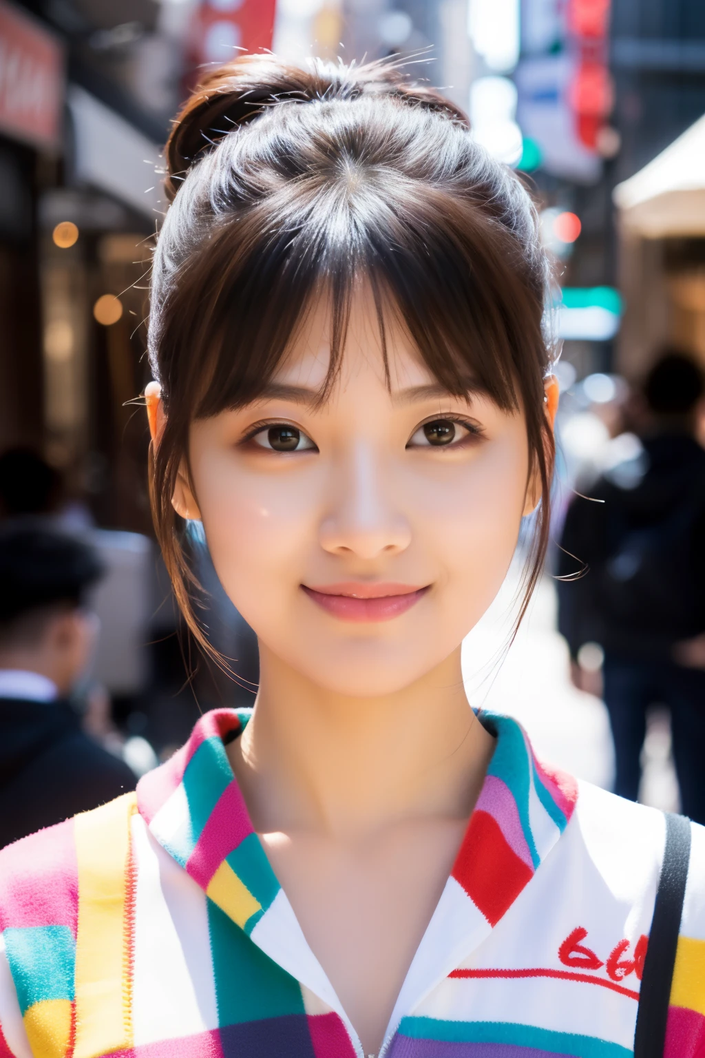 (Best Quality, 8K, 32K, masutepiece, nffsw:1.2), (white_color:1.3, Bob, Double bun hair), Bright foreground, Professional Lighting, Photon mapping, Radio City, shading:1.3, (1 slender woman of Japan, 23 years old, 160cm tall), outfit combines street style with elegance, colorful fashion colorful ornaments, creating a pop look with vivid colors, hyperdetailed face, Detailed lips, Detailed eyes, Double eyelids, half body shot, (exposed shoulder:1.1), top-down view:1.5, Looking Camera, Happy smile,