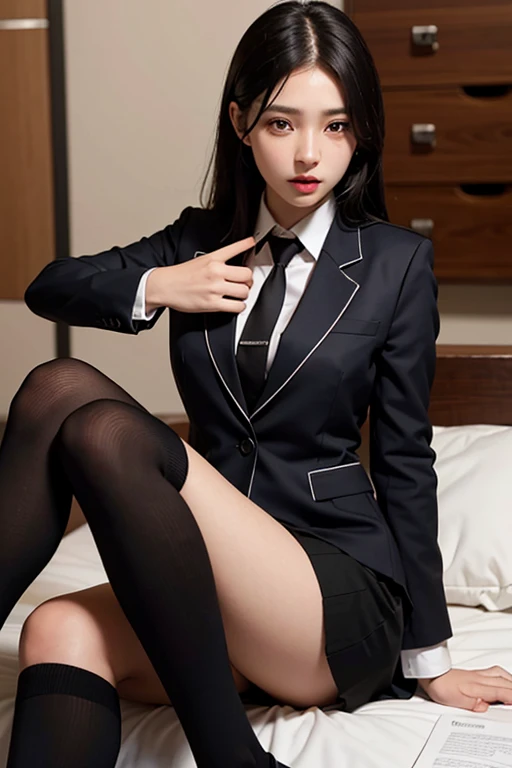 knee-high socks, over-kneehighs, business suit, skirt suit, photorealistic, high resolution, one girl, black hair, korean, heterochromic eyes, small moles under the eyes, big breasts,, office