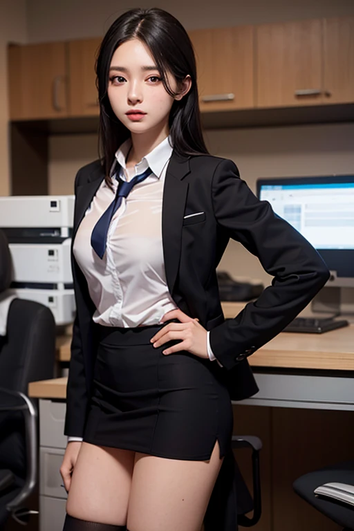 beautiful female office staff, working in the office, dog ears, computer background, matrix run on the screen, cute