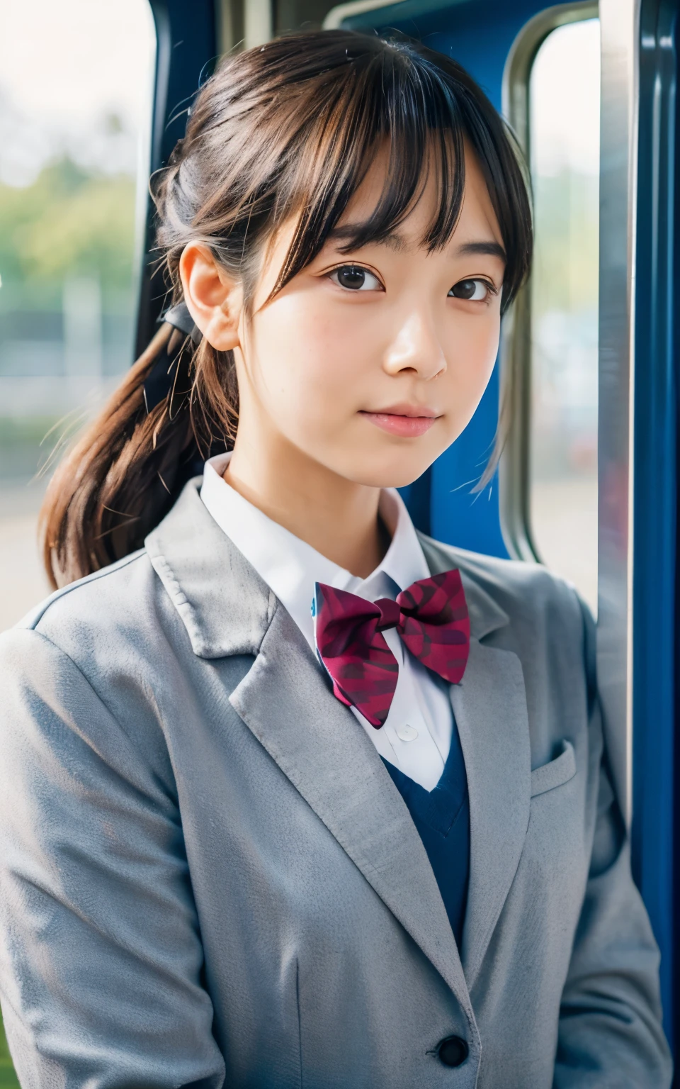 ((of the highest quality, 8K, masutepiece: 1.3)), Beauty, 1 Japan Girl, (round face, lower height), portrait, dark brown hair, long hair, (half updo), , Detailed face, very detailed lips, Detailed eyes, Double eyelids, Sweaty skin: 1.2, :o, head tilt, (school uniform, gray blazer, bowtie), in the train,