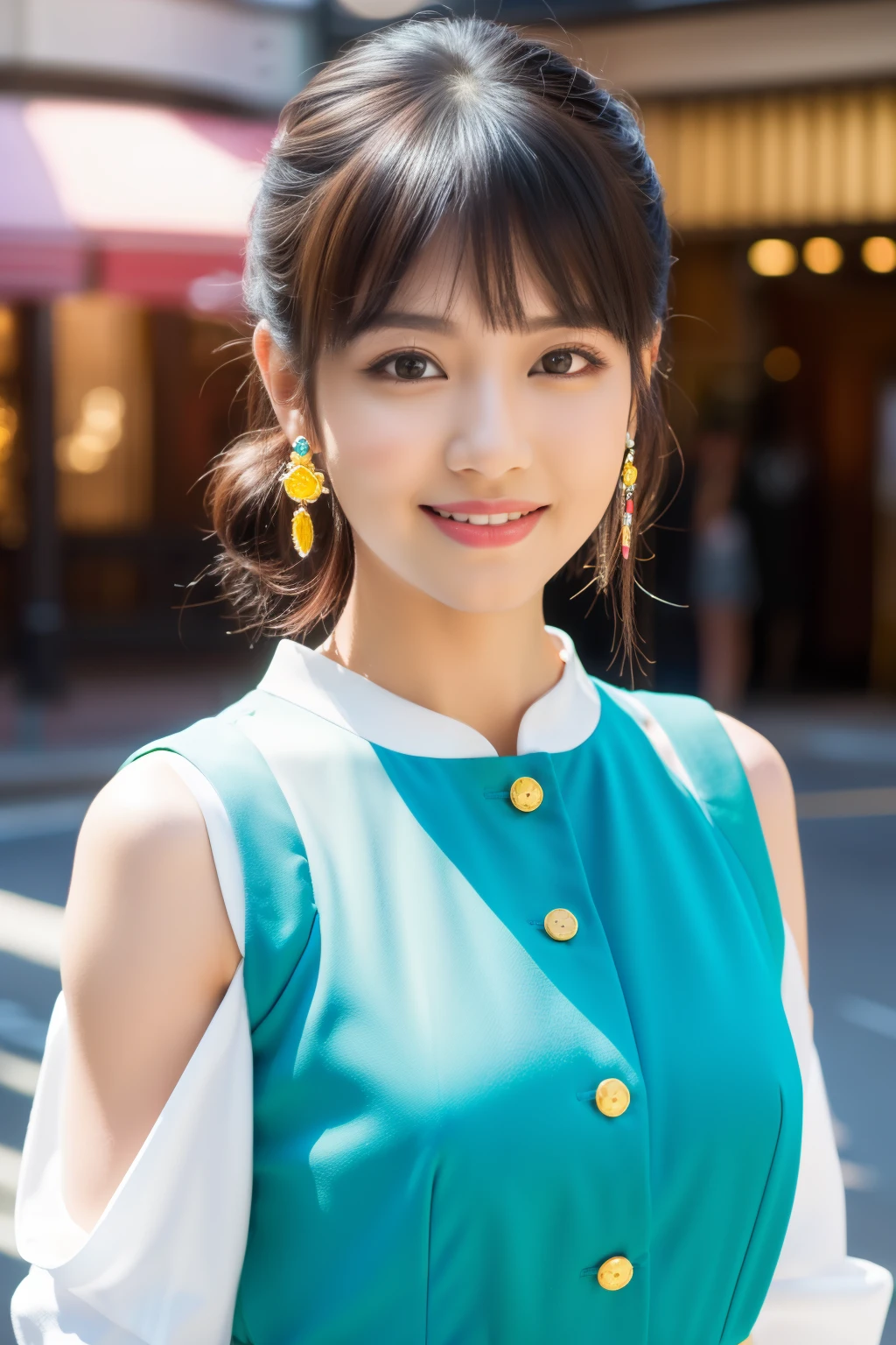 (Best Quality, 8K, 32K, masutepiece, nffsw:1.2), (white_color:1.3, Bob, Double bun hair), Bright foreground, Professional Lighting, Photon mapping, Radio City, shading:1.3, (1 slender woman of Japan, 23 years old, 160cm tall), outfit combines street style with elegance, colorful fashion colorful ornaments, creating a pop look with vivid colors, hyperdetailed face, Detailed lips, Detailed eyes, Double eyelids, half body shot, (exposed shoulder:1.1), top-down view:1.5, Looking Camera, Happy smile,