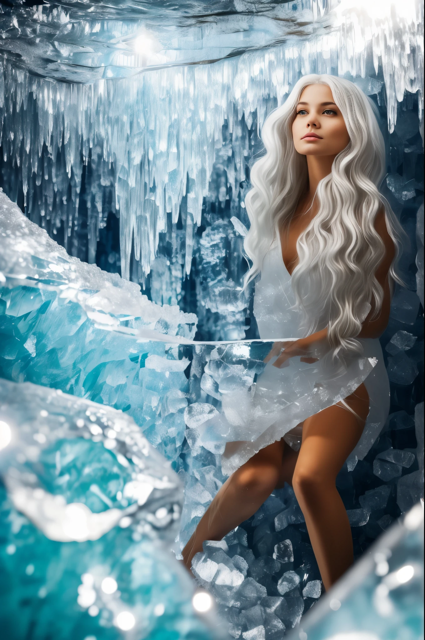 A beautiful girl with a fragile build looks at her reflection in an ice mirror located on the ice wall of a cave., Subtle, slim, Fragile body, Very, White hair, абсолютно White hair, European appearance, Ice cave, ice in the cave, the cave is brightly lit.