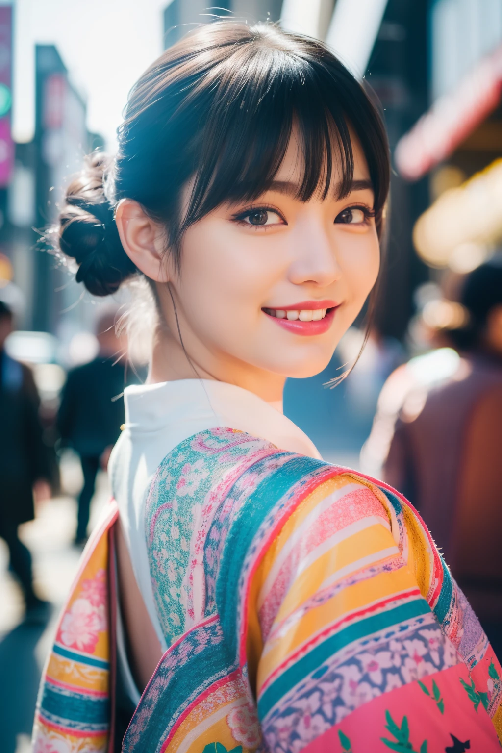 (Best Quality, 8K, 32K, masutepiece, nffsw:1.2), (white_color_hair:1.3, Bob, Double bun hair), Bright foreground, Professional Lighting, Photon mapping, Radio City, shading:1.3, (1 slender woman of Japan, 23 years old, 160cm tall), outfit combines street style with elegance, colorful fashion colorful ornaments, creating a pop look with vivid colors, hyperdetailed face, Detailed lips, Detailed eyes, Double eyelids, half body shot, (exposed shoulder:1.1), top-down view:1.5, Looking Camera, Happy smile,