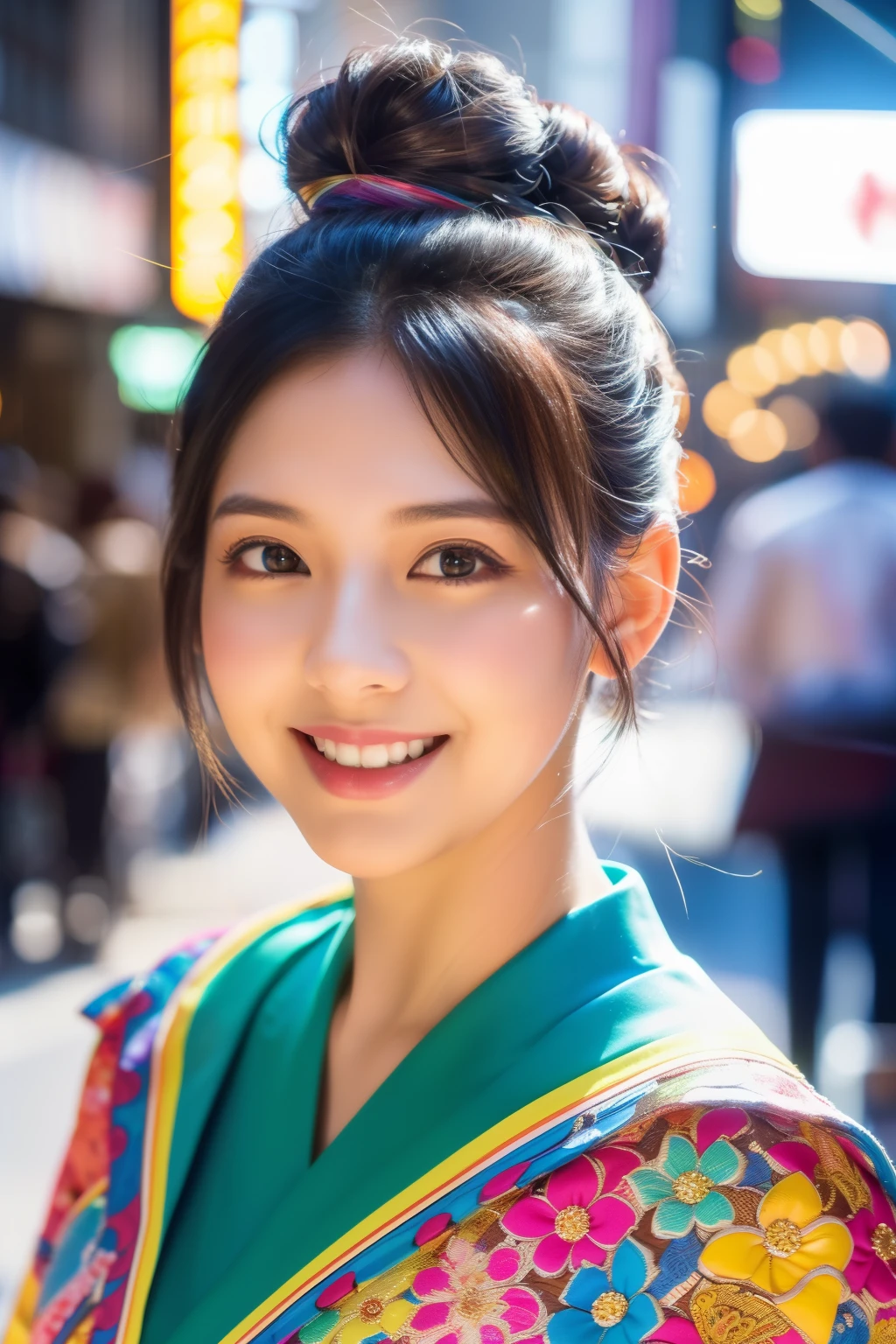 (Best Quality, 8K, 32K, masutepiece, nffsw:1.2), (white_hair:1.3, Bob, Double bun hair), Bright foreground, Professional Lighting, Photon mapping, Radio City, shading:1.3, (1 slender woman of Japan, 23 years old, 160cm tall), outfit combines street style with elegance, colorful fashion colorful ornaments, creating a pop look with vivid colors, hyperdetailed face, Detailed lips, Detailed eyes, Double eyelids, full body, (exposed shoulder:1.1), top-down view:1.5, Looking Camera, Happy smile,