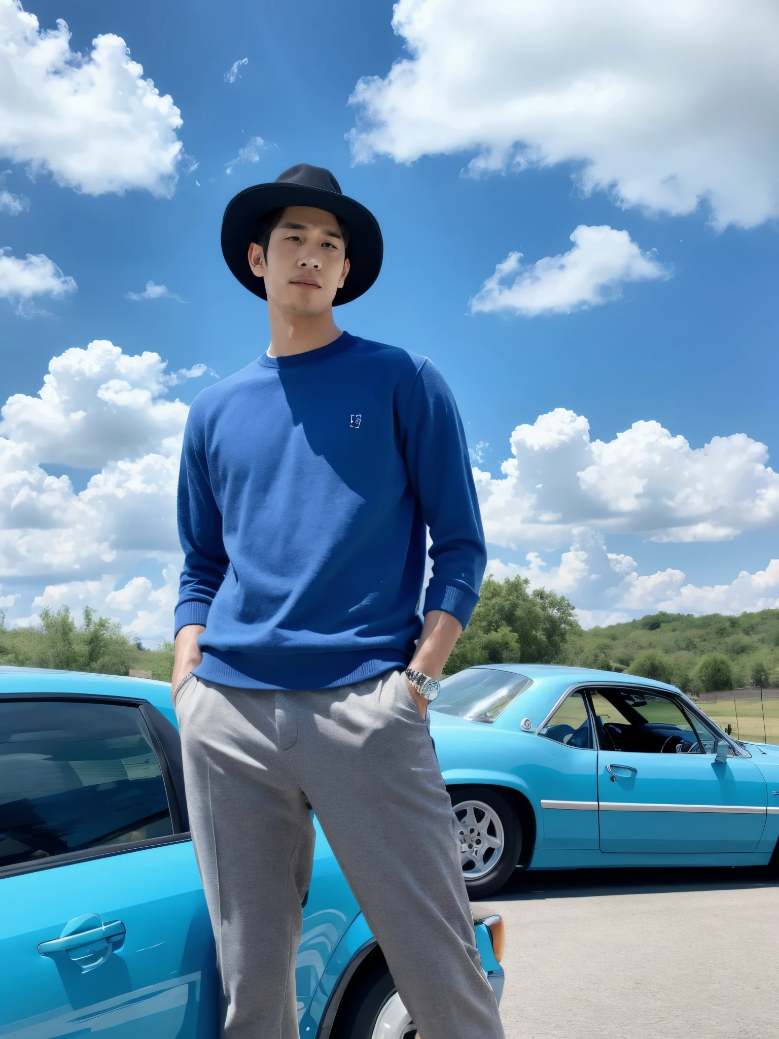 "a handsome man with a hat standing next to a blue car, with a blue sky and clouds".