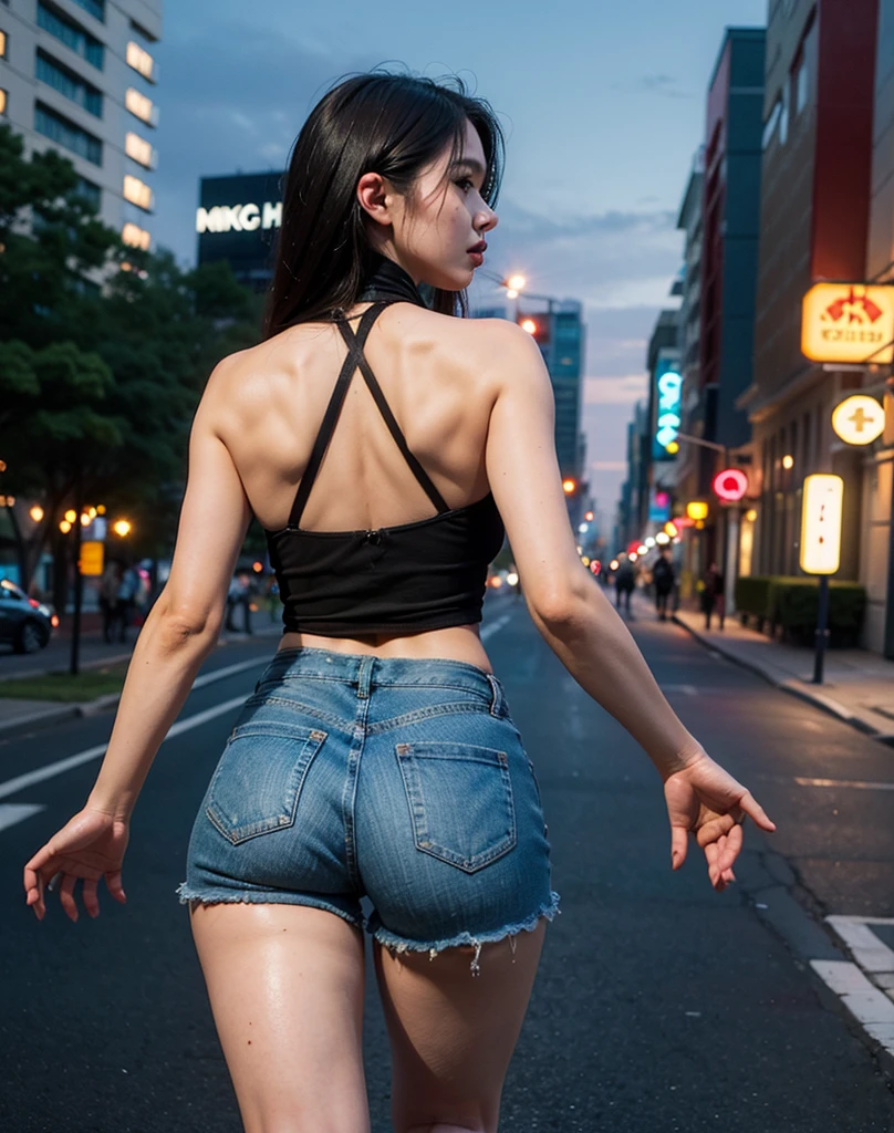 1girl in a Low waist micro pants shorts and tank top, (girl casual style:1.2), (Chest cleavage:1.2), (Perfect figure:1.5), Looking back over the shoulder poses, on street traffic at night, (View from below:1.5), (View from behind:1.5), (Mid body:1.5), naughty face, (photorealistic:1.5), depth of field, motion blur, speed lines, rotational symmetry, blurry foreground, 35mm, f/1.2, (Anatomically correct:1.5), (best quality:1.5), masterpiece, textured skin, super detail, highres, 8k