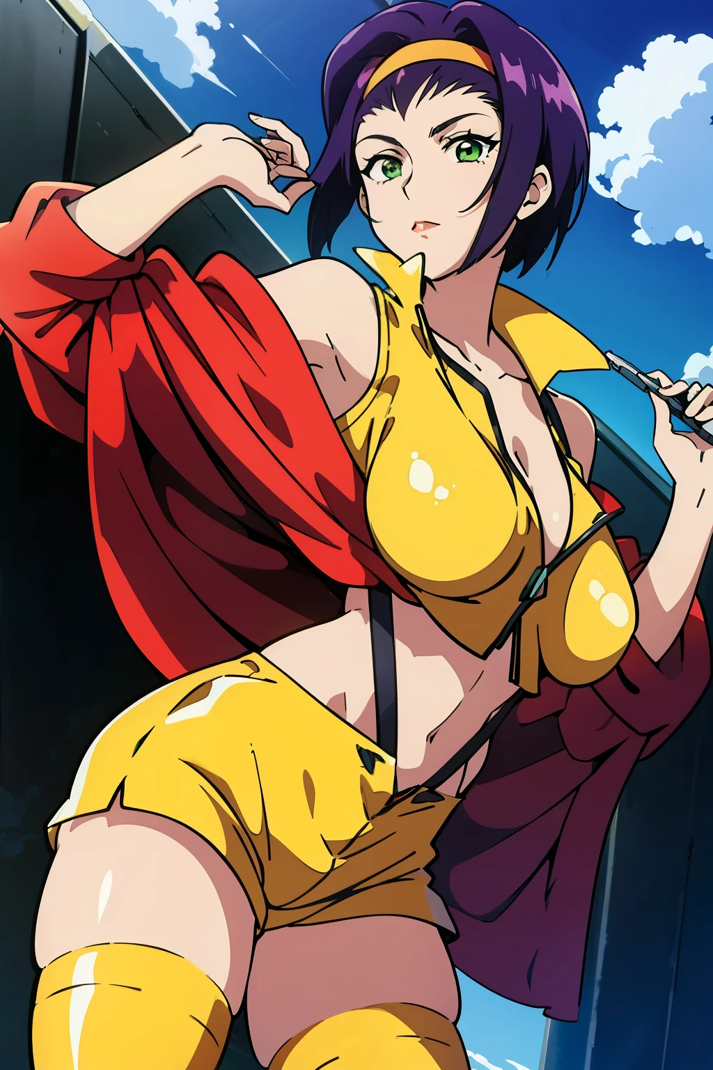 nsfw, masterpiece, best quality, high resolution, 1girl, large breasts, faye valentine, yellow hairband, yellow shirt, yellow shorts, suspenders, white footwear, thighhighs, red jacket ,off shoulder, purple hair, green eyes