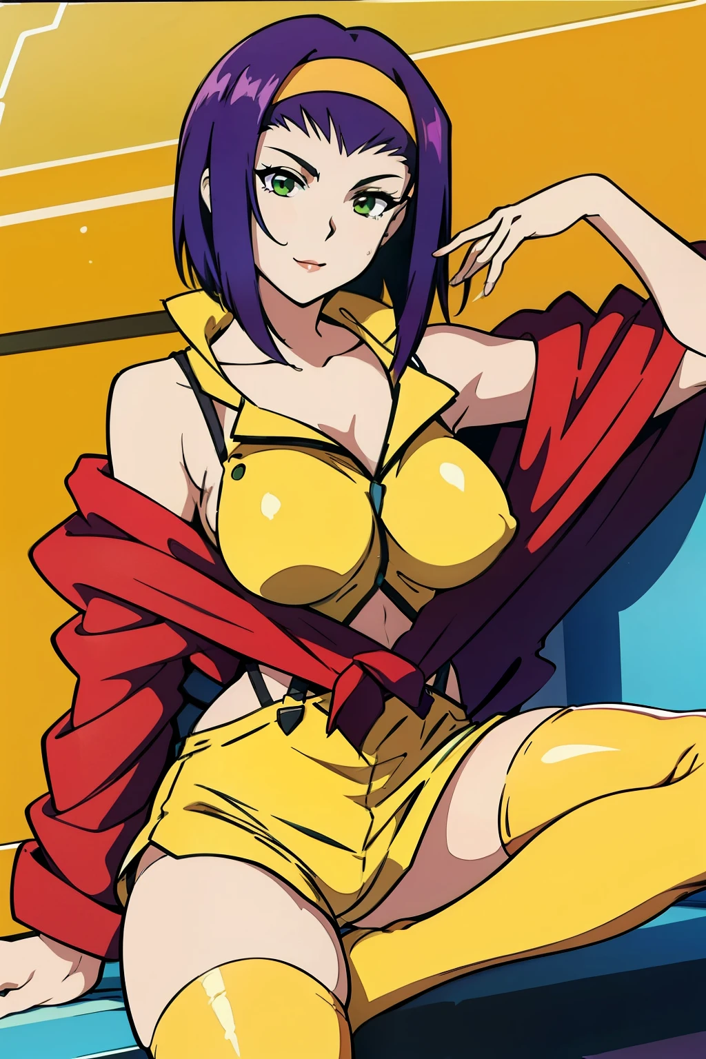 nsfw, masterpiece, best quality, high resolution, 1girl, large breasts, faye valentine, yellow hairband, yellow shirt, yellow shorts, suspenders, white footwear, thighhighs, red jacket ,off shoulder, purple hair, green eyes