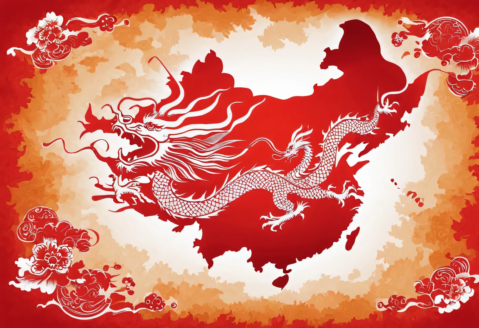 red poster design,(Map of China),background:Dragon silhouette