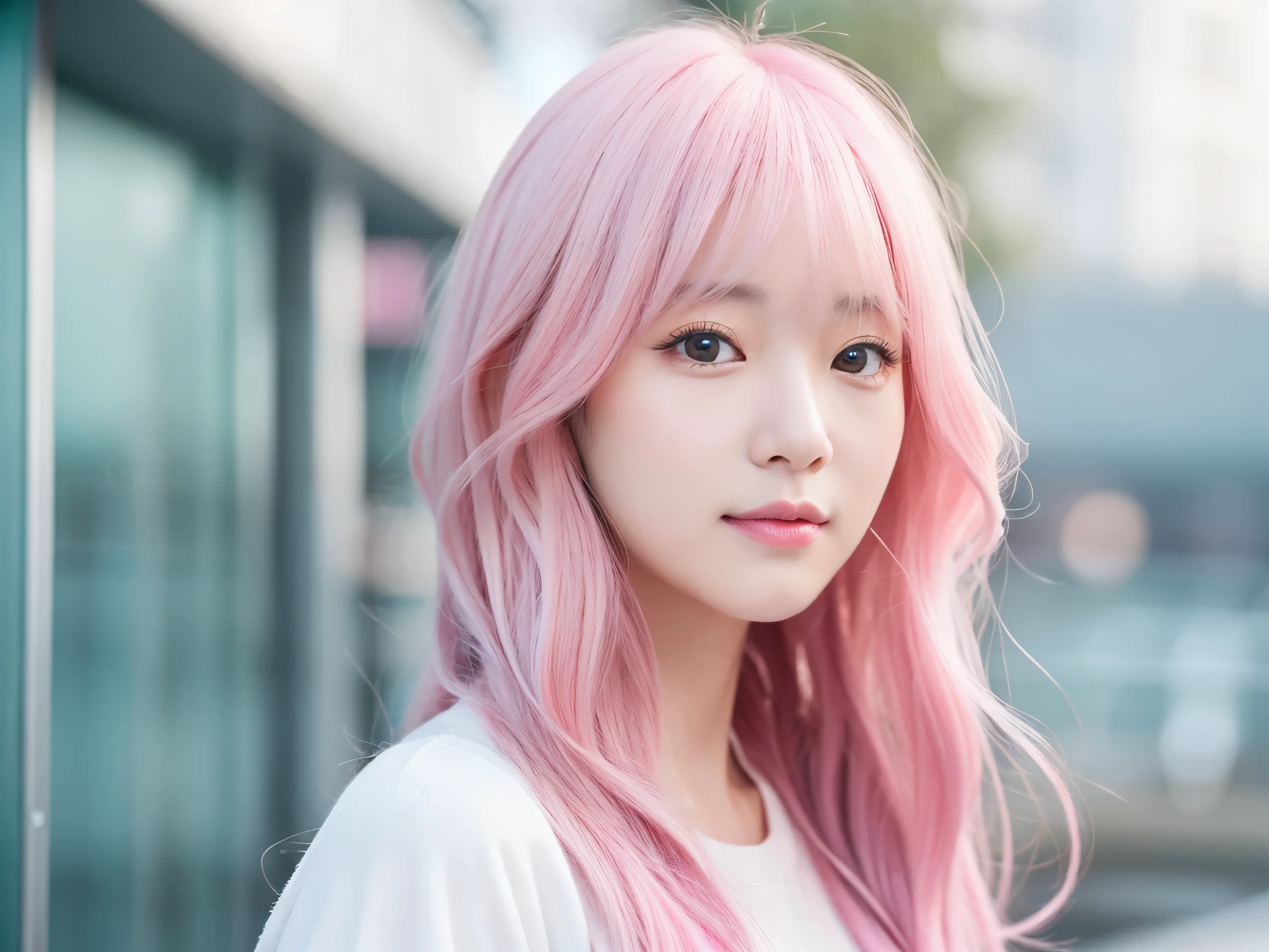 A beautiful korean kawaii woman, with very long pastel pink hair with bangs