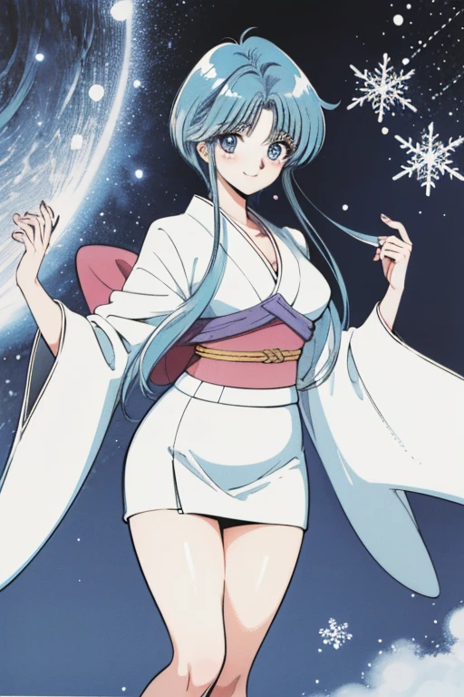 1990s \(style\), 1990s anime cels style, masterpiece, best quality, highres, 1girl, YukimeV4, japanese clothes, wide sleeves, kimono, sash, obi, white kimono, snowflakes, short kimono, large breasts, 1girl, blush, smile, looking at viewer, bangs