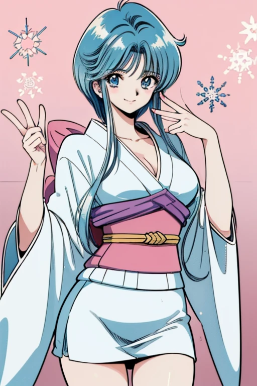 1990s \(style\), 1990s anime cels style, masterpiece, best quality, highres, 1girl, YukimeV4, japanese clothes, wide sleeves, kimono, sash, obi, white kimono, snowflakes, short kimono, large breasts, 1girl, blush, smile, looking at viewer, bangs