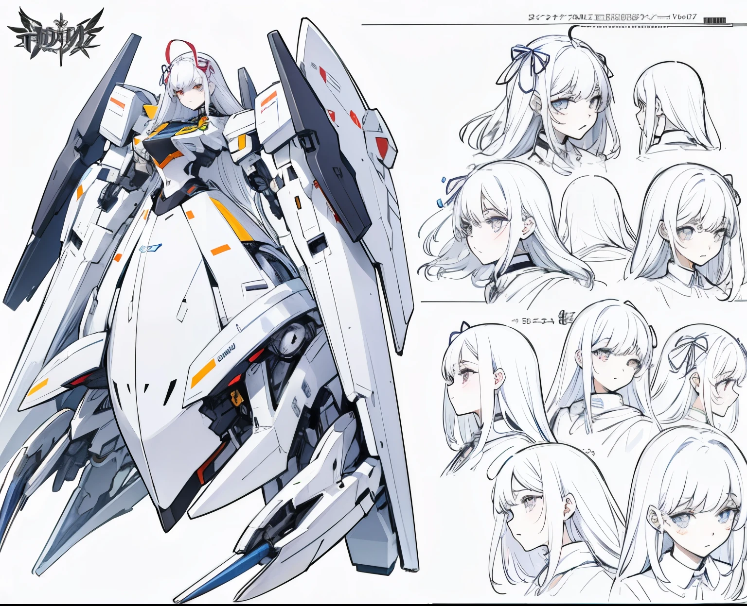 Concept art, Character sheets, Face data, Face character sheets, Multiple side, Multiple expressions, Multiple side view, Masterpiece, ultra details, absurdres, Best face, best detailing, Ultra detailed face Face close up, perfect face, Mecha evil, very long white hair, Robotic ribbon, MEcha ribbon, 1 girl, Upper body, White hair, space, mecha, aura concept,