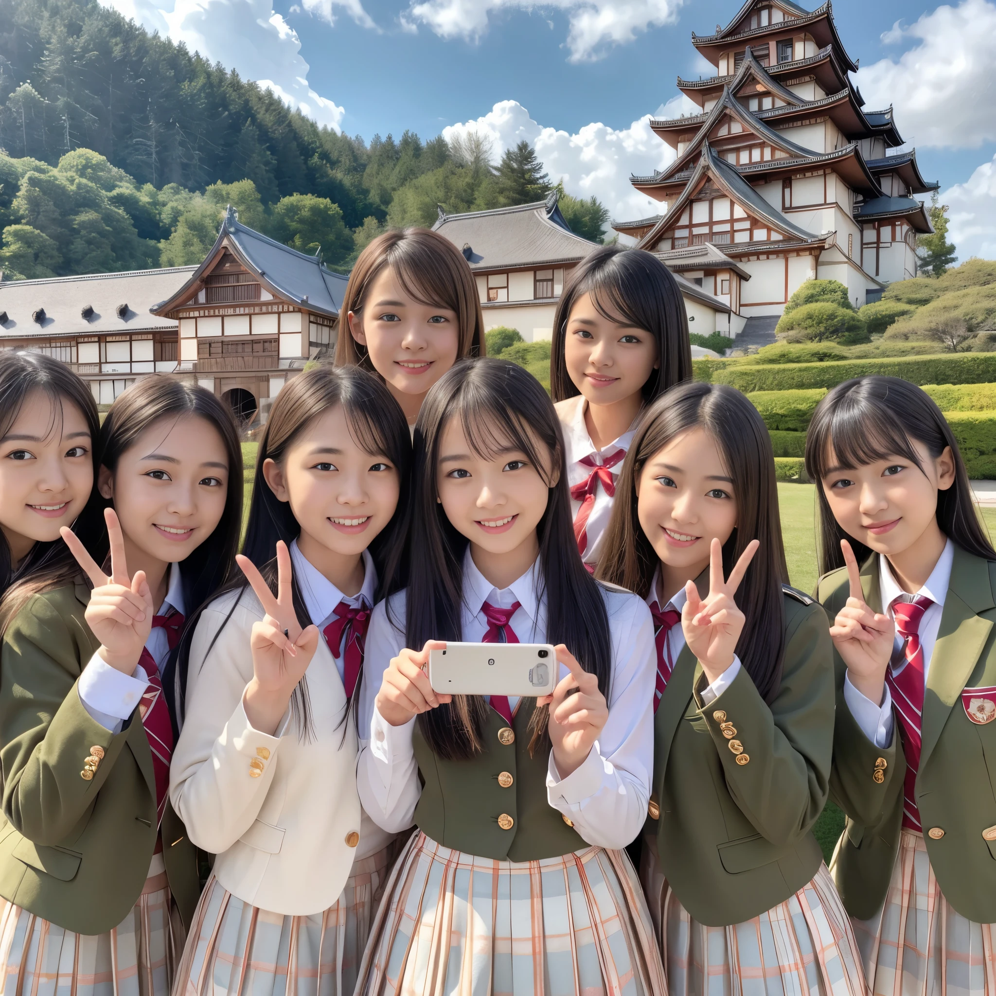 Girls in school uniforms posing for a picture with a camera - SeaArt AI