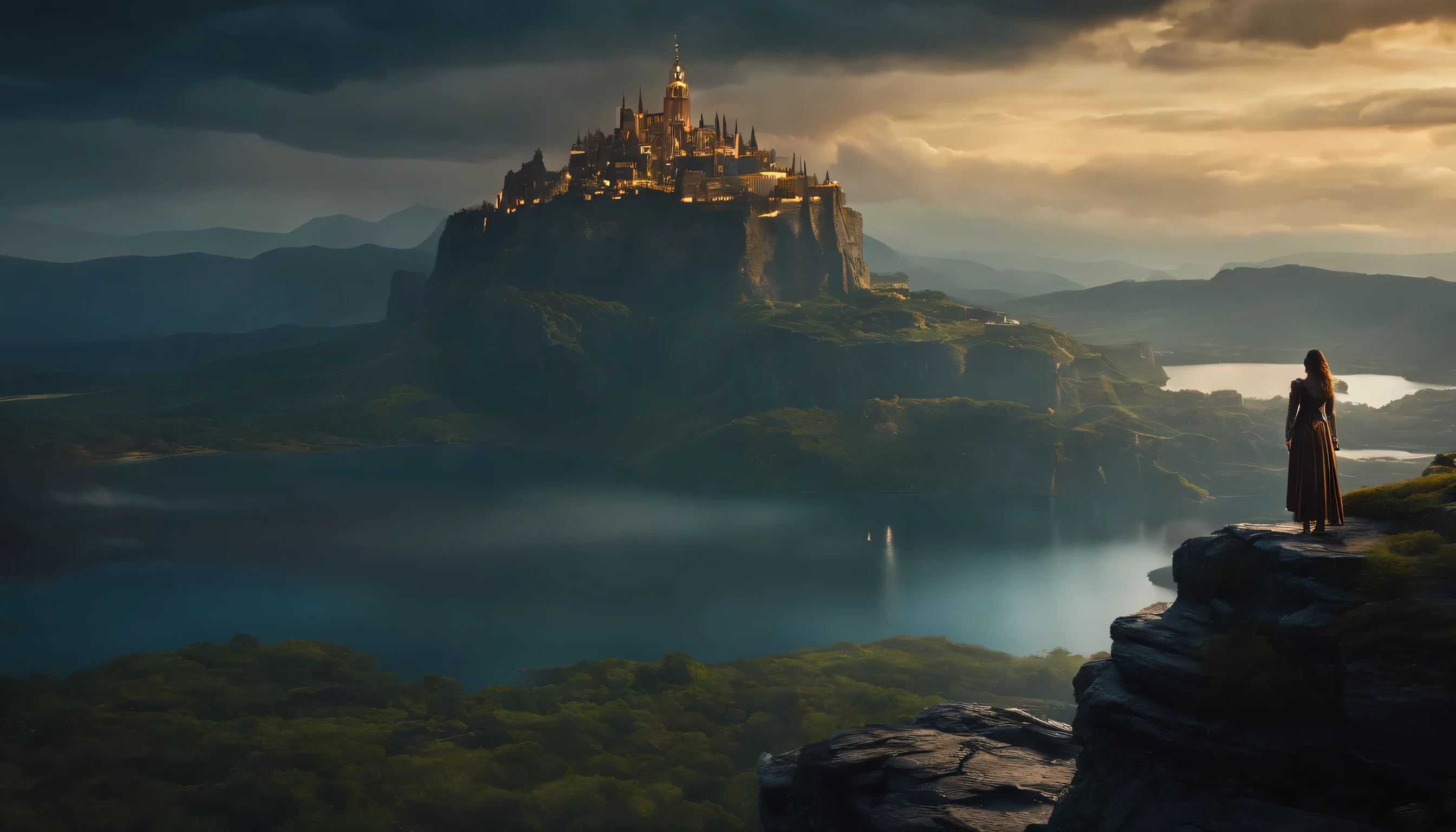 Elara, standing on a precipice, overlooking the mystical landscape, Eldoria's floating islands bathed in magical light, dark fantasy style, detailed face, 8k, sharp focus, beautifully lit buildings, at evening during rain, beautiful and aesthetic, photography, cinematic, 8k, high detailed, detailed face.