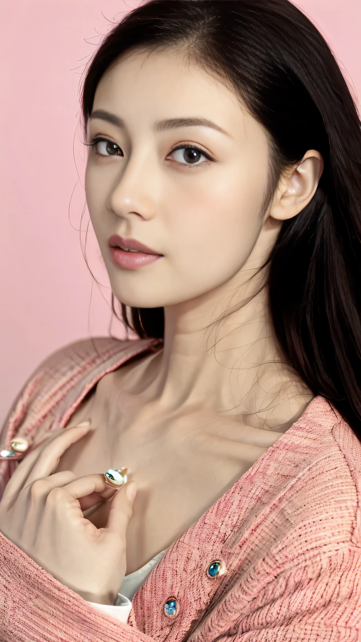 best qualtiy，tmasterpiece，A high resolution，1girll，Dingdall effect，realisticlying，edge lit，twotonelighting，（highdetailskin：1.2），8K  UHD，Pure，Sweet，Flower background，Colorful background，Based on physical rendering，Perfect light and shadow，extreme hight detail，Pink tones，Eye reflections，Raised sexy，perfect bodies，Superb beauty，largeeyes，long eyelasher，Delicate eyes，large shiny eyes， pupillary reflexes，Shoulder and neck details，The pupil texture is delicate，Perfect eyes，Black pupils，best qualtiy，tmasterpiece，16k，A picture，head portrait，Bigchest，longer sleeves，Take care of your chest，Large breasts，Delicate avatar